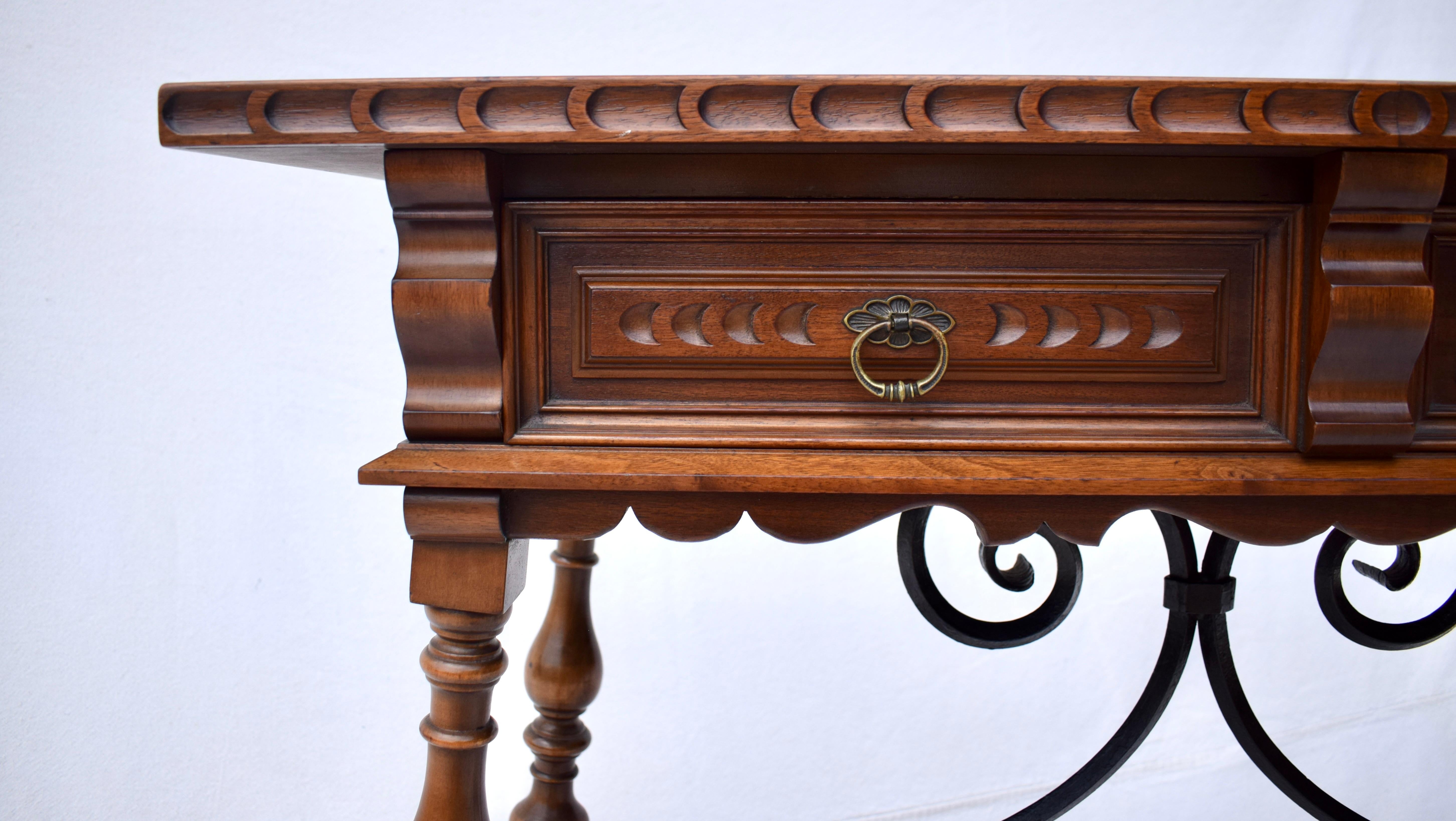 American Spanish Baroque Style Carved Walnut & Forged Iron Console Table