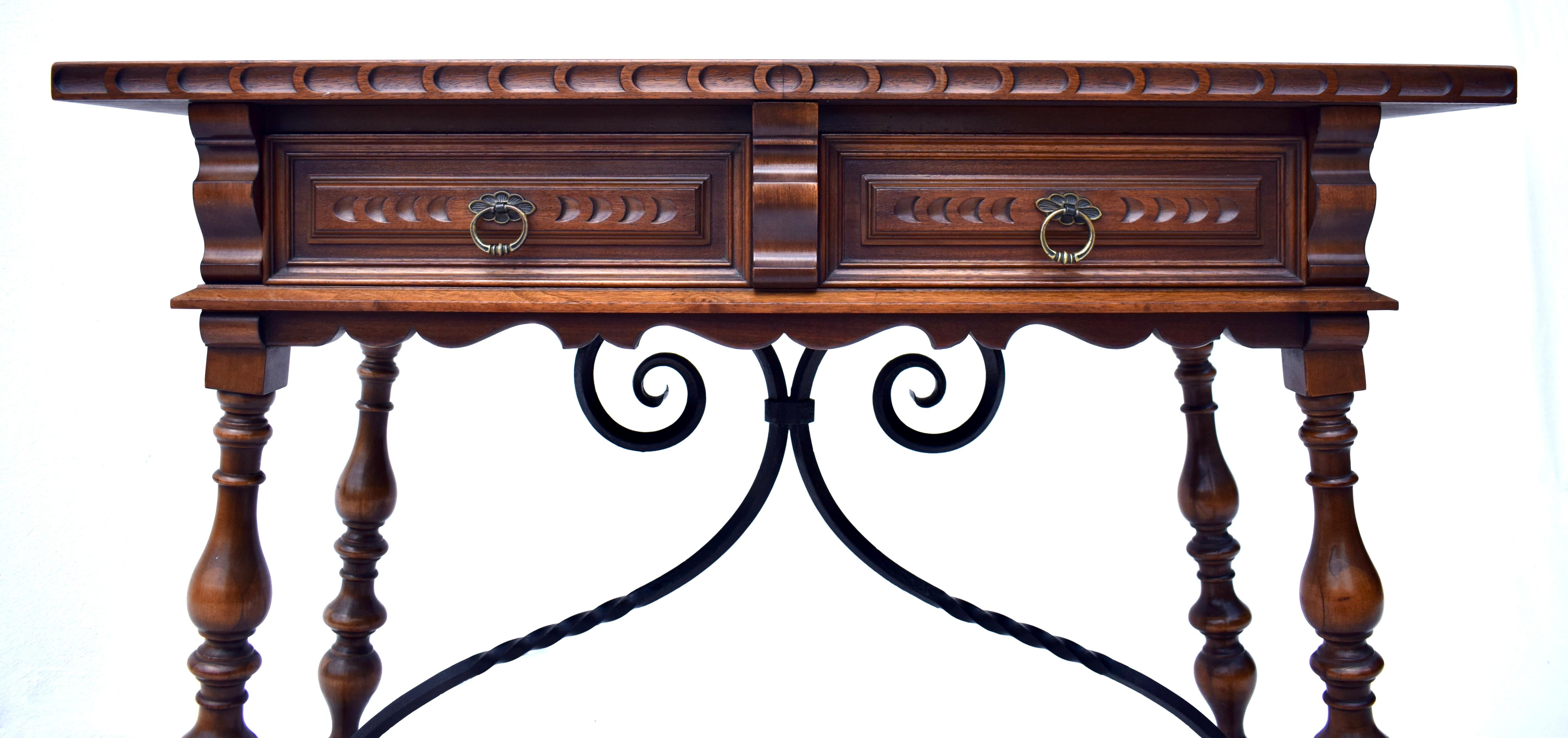 20th Century Spanish Baroque Style Carved Walnut & Forged Iron Console Table