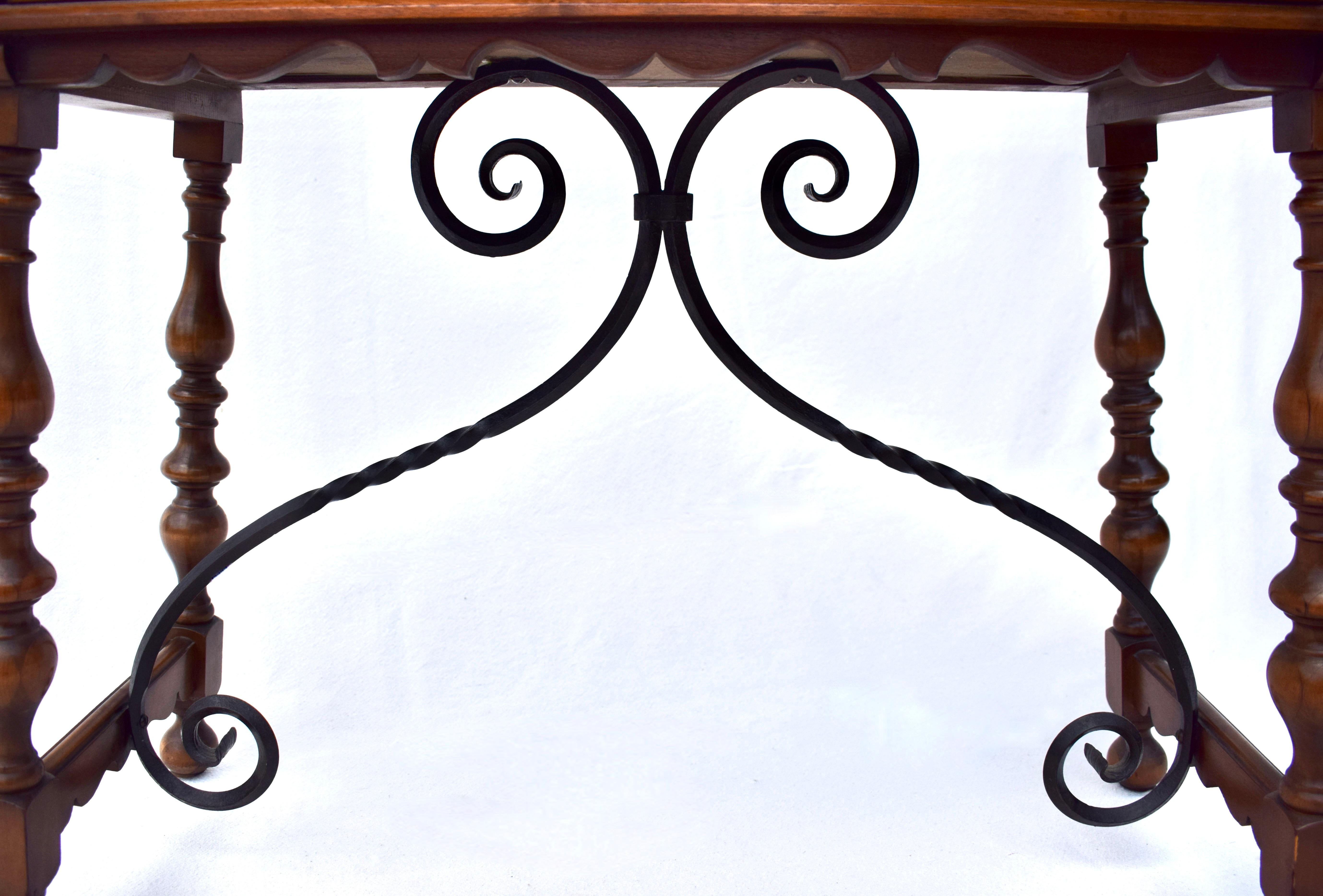 Brass Spanish Baroque Style Carved Walnut & Forged Iron Console Table