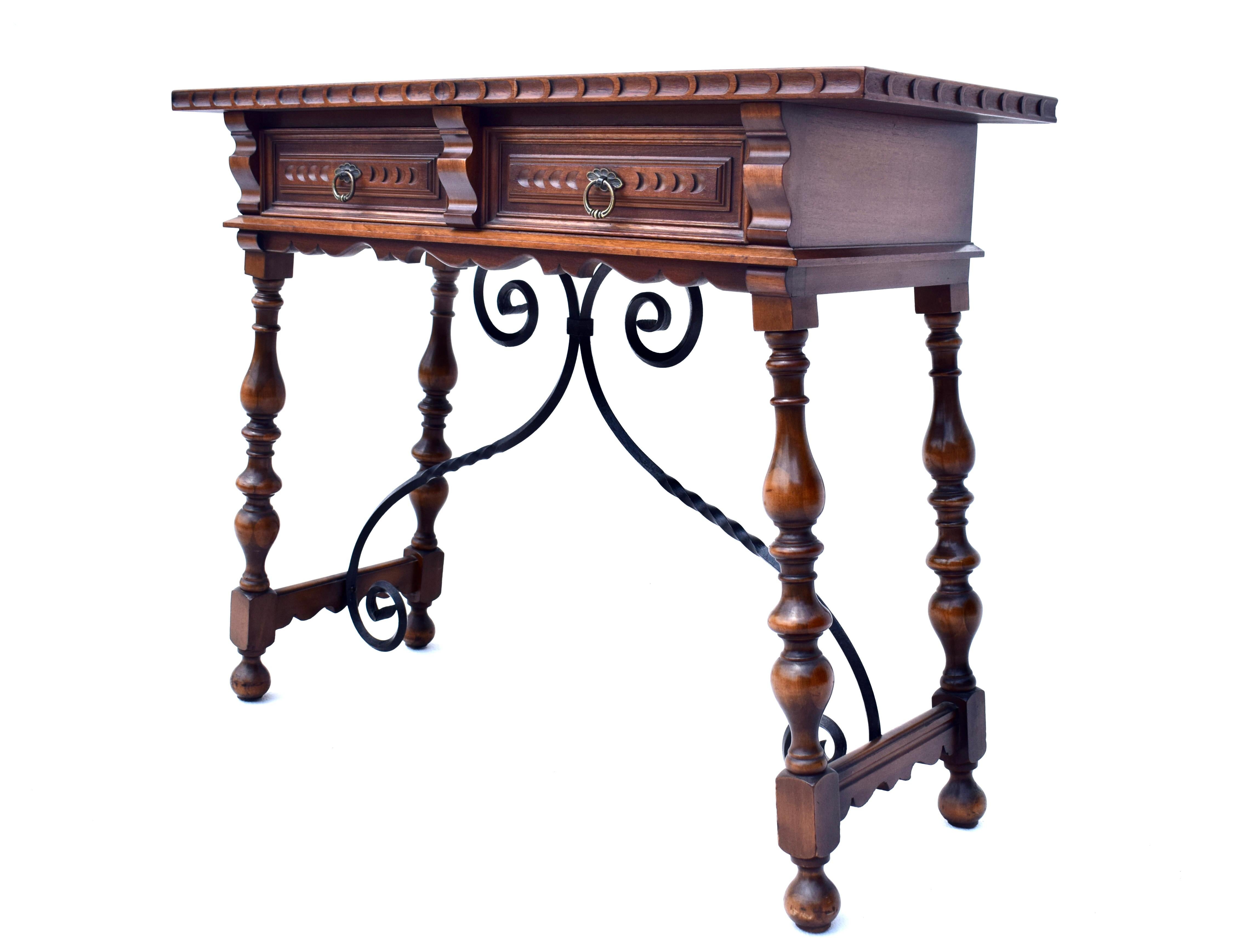 Spanish Baroque Style Carved Walnut & Forged Iron Console Table 1