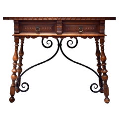 Spanish Baroque Style Carved Walnut & Forged Iron Console Table