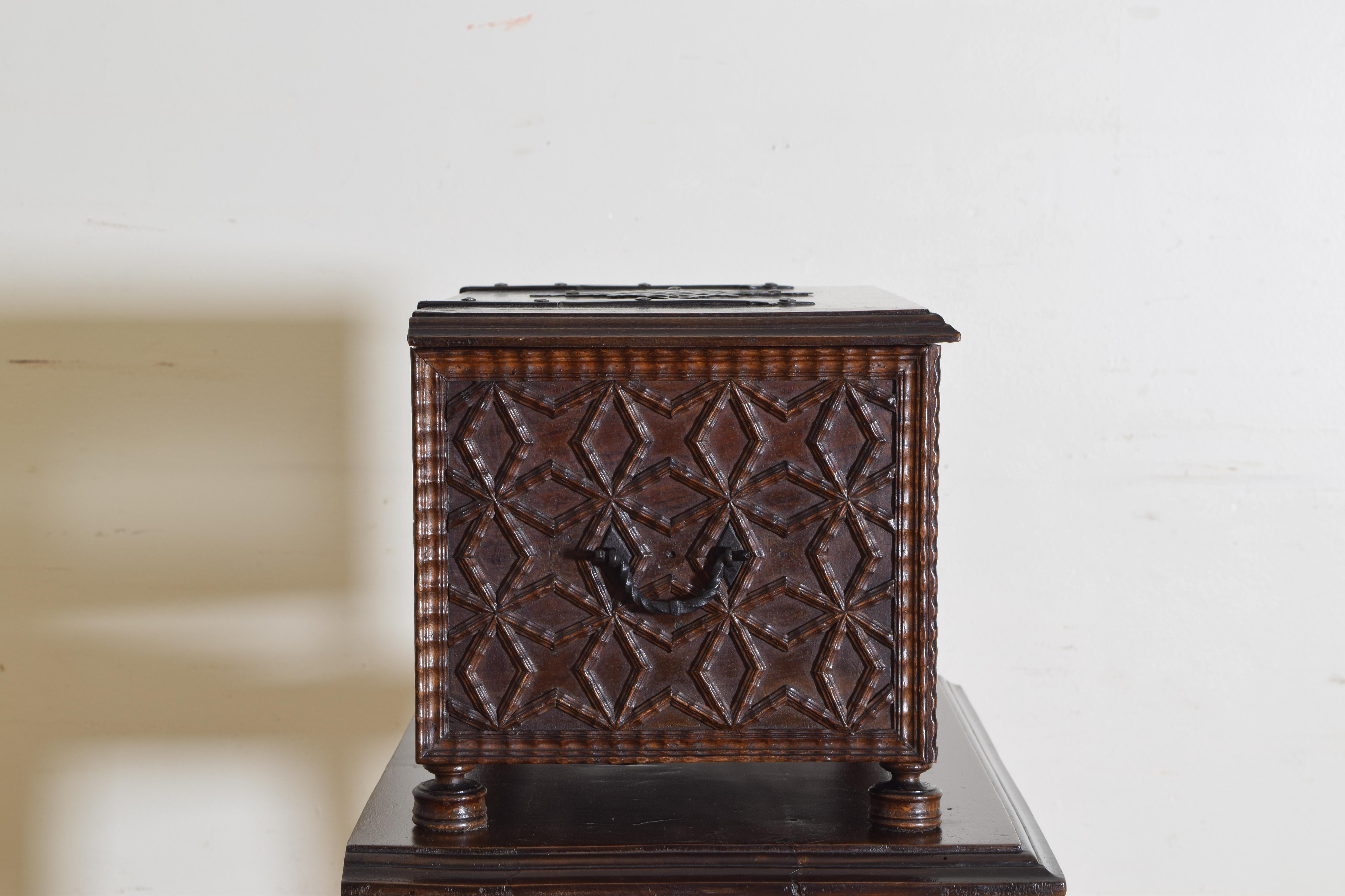 Spanish Baroque Style Carved Walnut Iron Mounted Box on Stand, 20th Century 3