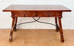 Spanish Baroque Style Carved Wooden Console Table with Wrought Iron Stretcher