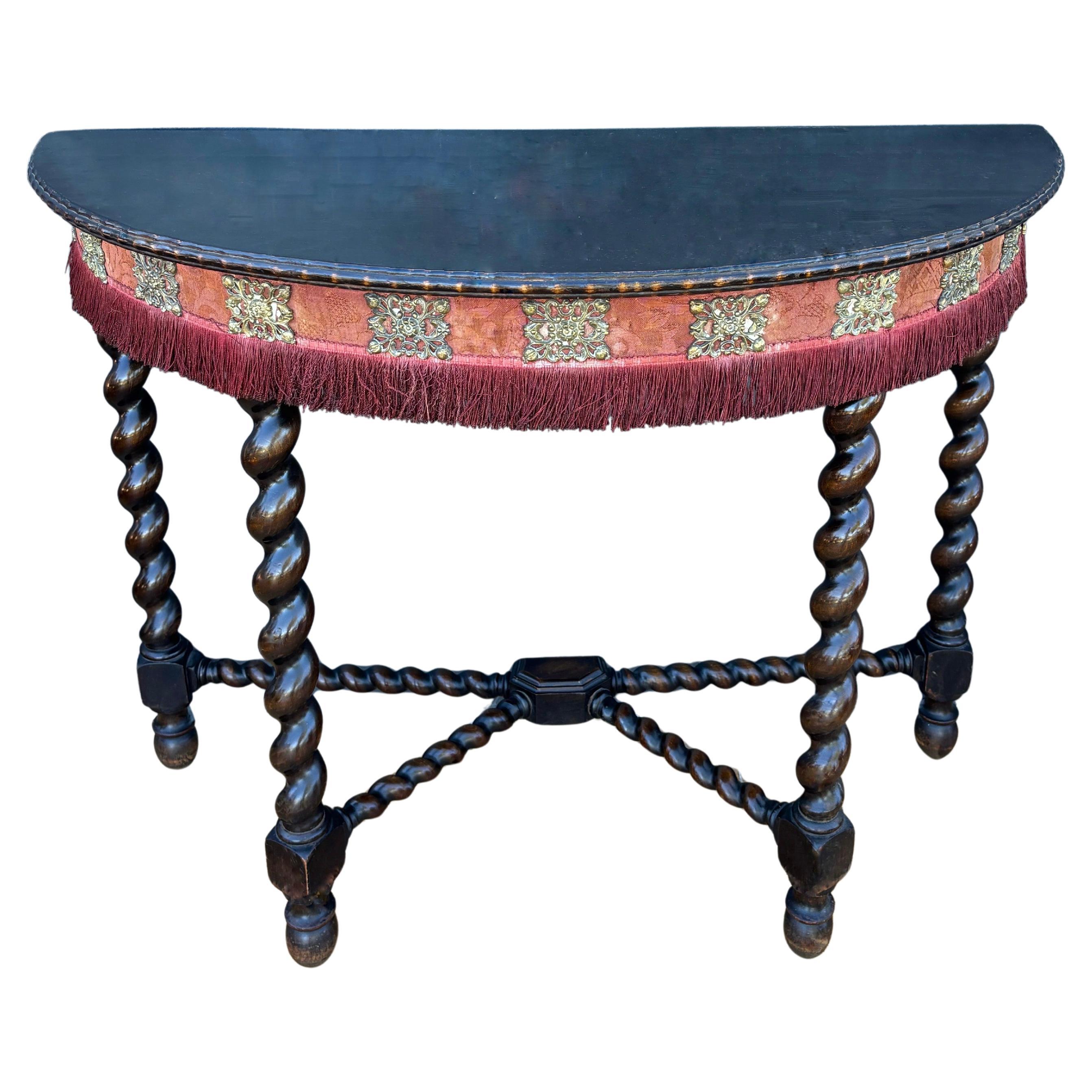 Spanish Baroque Style Demilune Console Table with Twisted Legs, 1920s For Sale