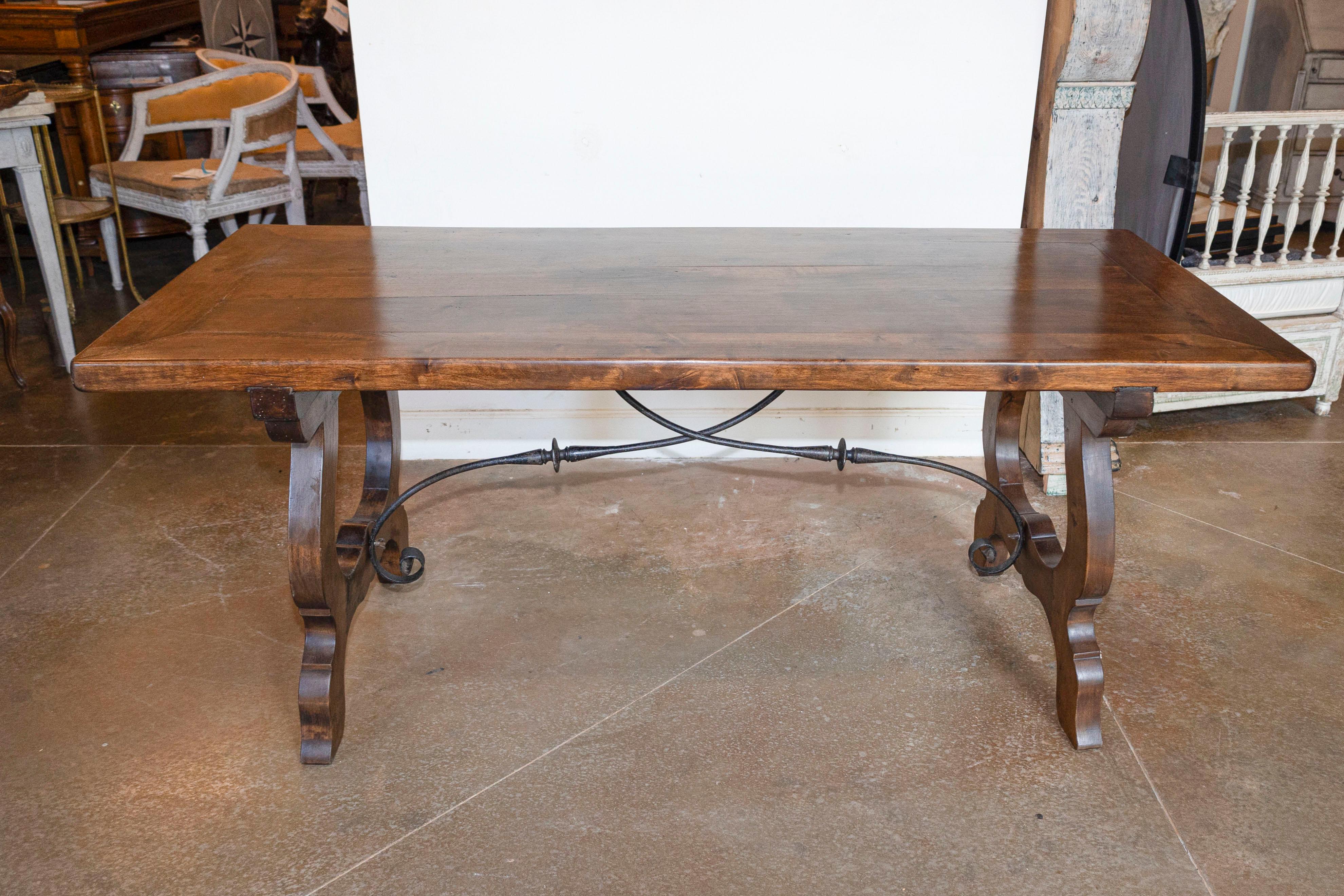 Spanish Baroque Style Fratino Table with Lyre Shaped Base and Iron Stretcher 2