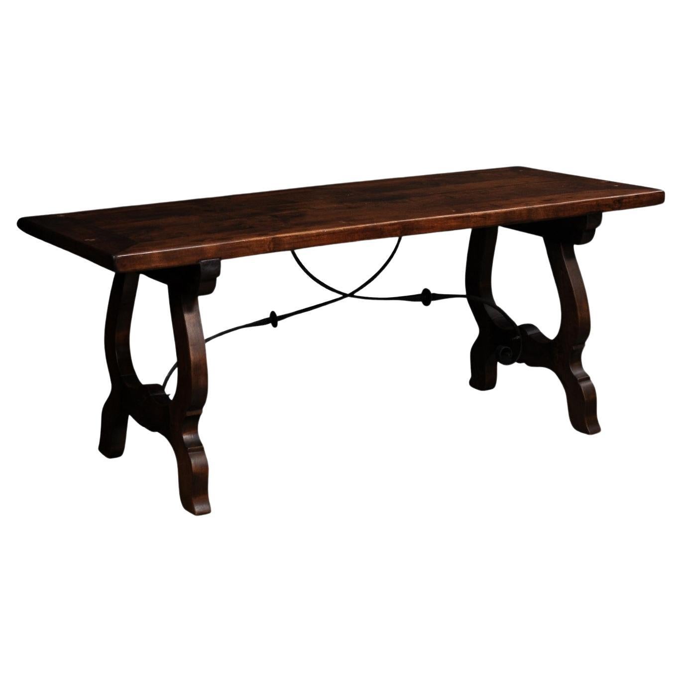 Spanish Baroque Style Fratino Table with Lyre Shaped Base and Iron Stretcher For Sale