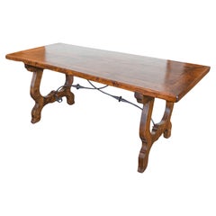 Spanish Baroque Style Fratino Table with Lyre Shaped Base and Iron Stretcher