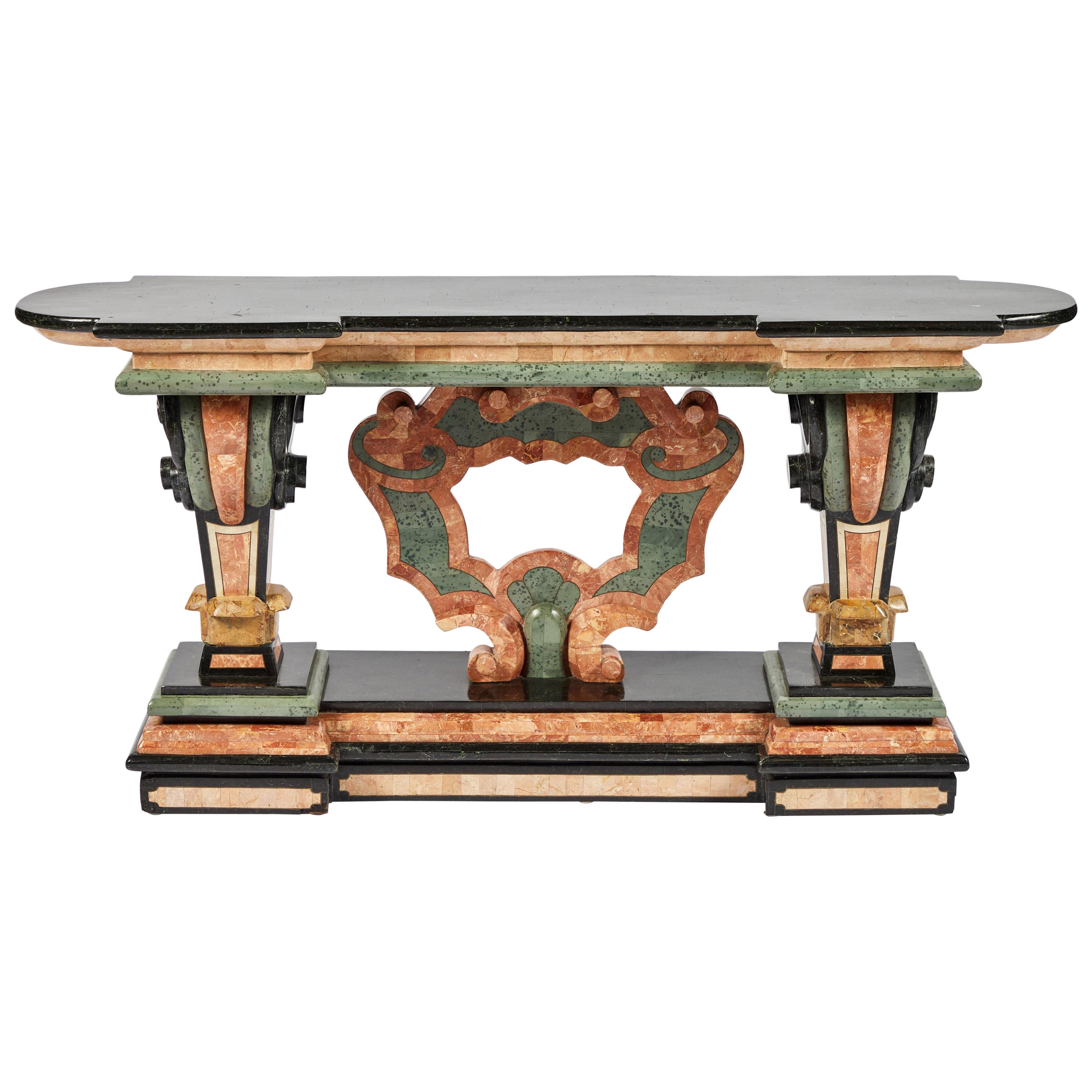 Spanish Baroque Style Marble Console Table with Black Marble Top For Sale