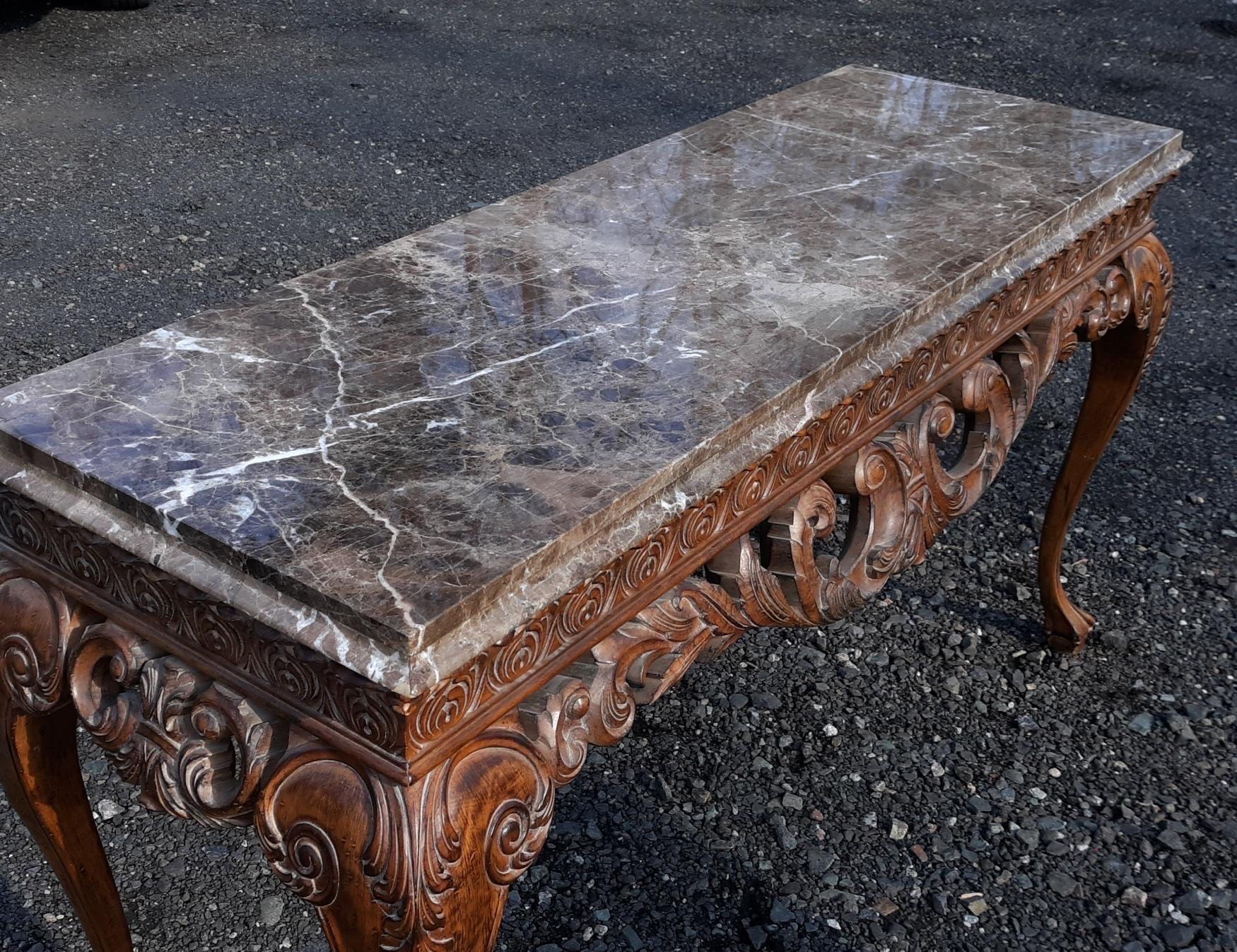 20th Century Spanish Baroque Style Marble Top Console Table 