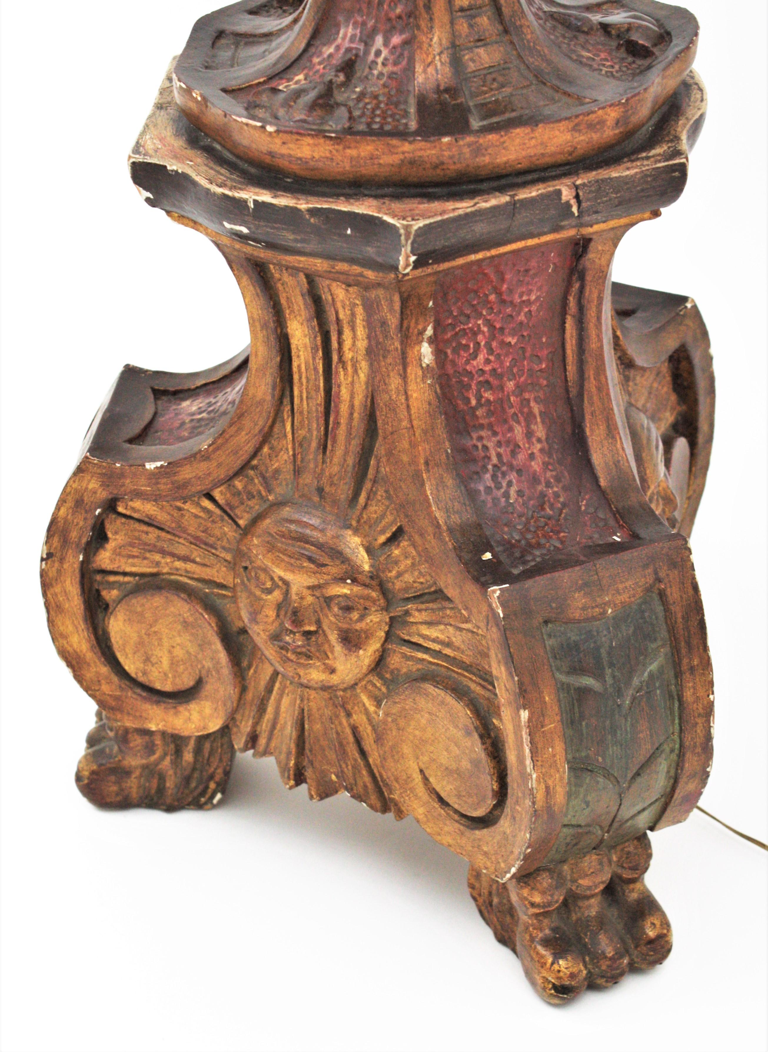 Spanish Carved Wood Torchère Floor Lamp in Baroque Style 1