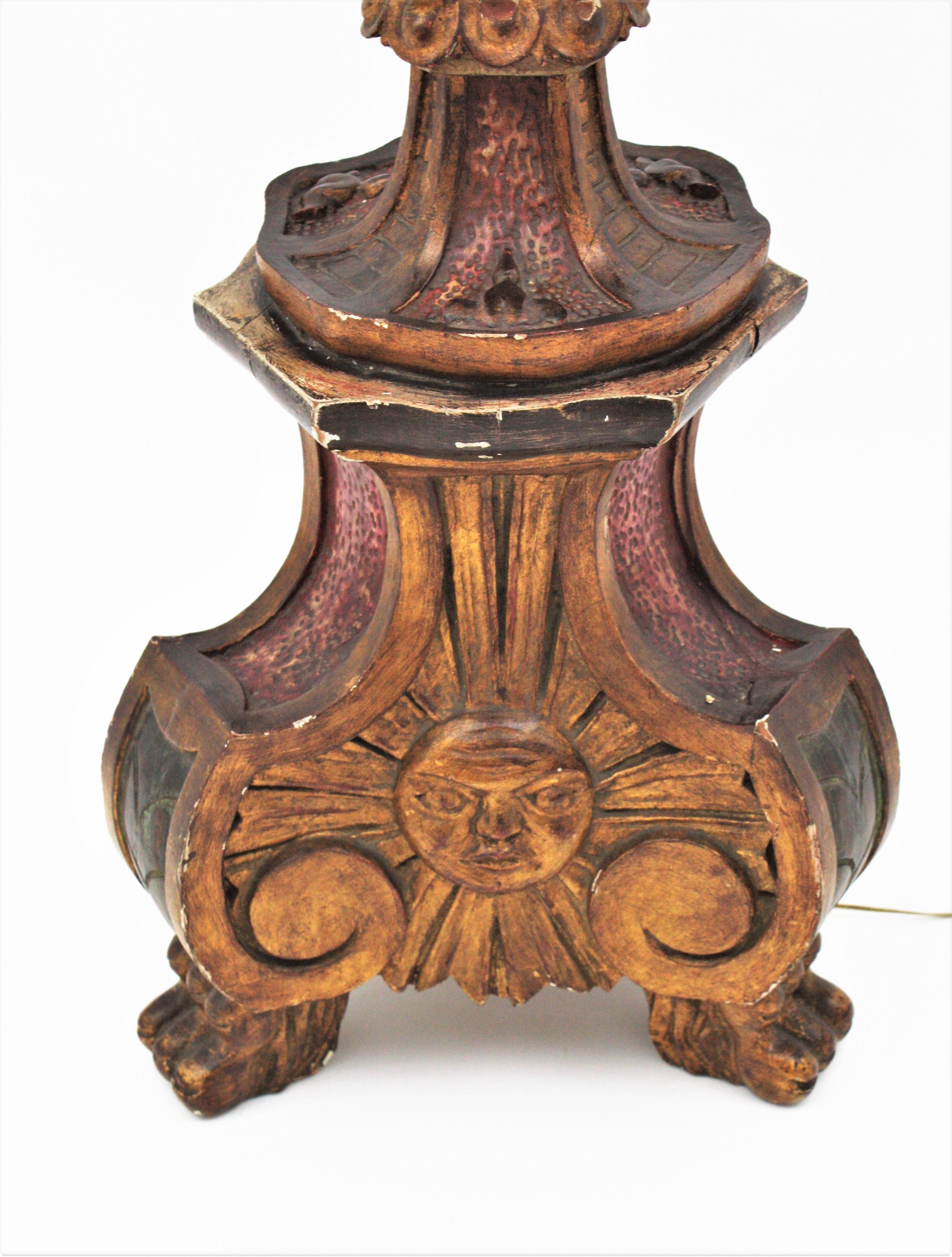 Spanish Carved Wood Torchère Floor Lamp in Baroque Style 3