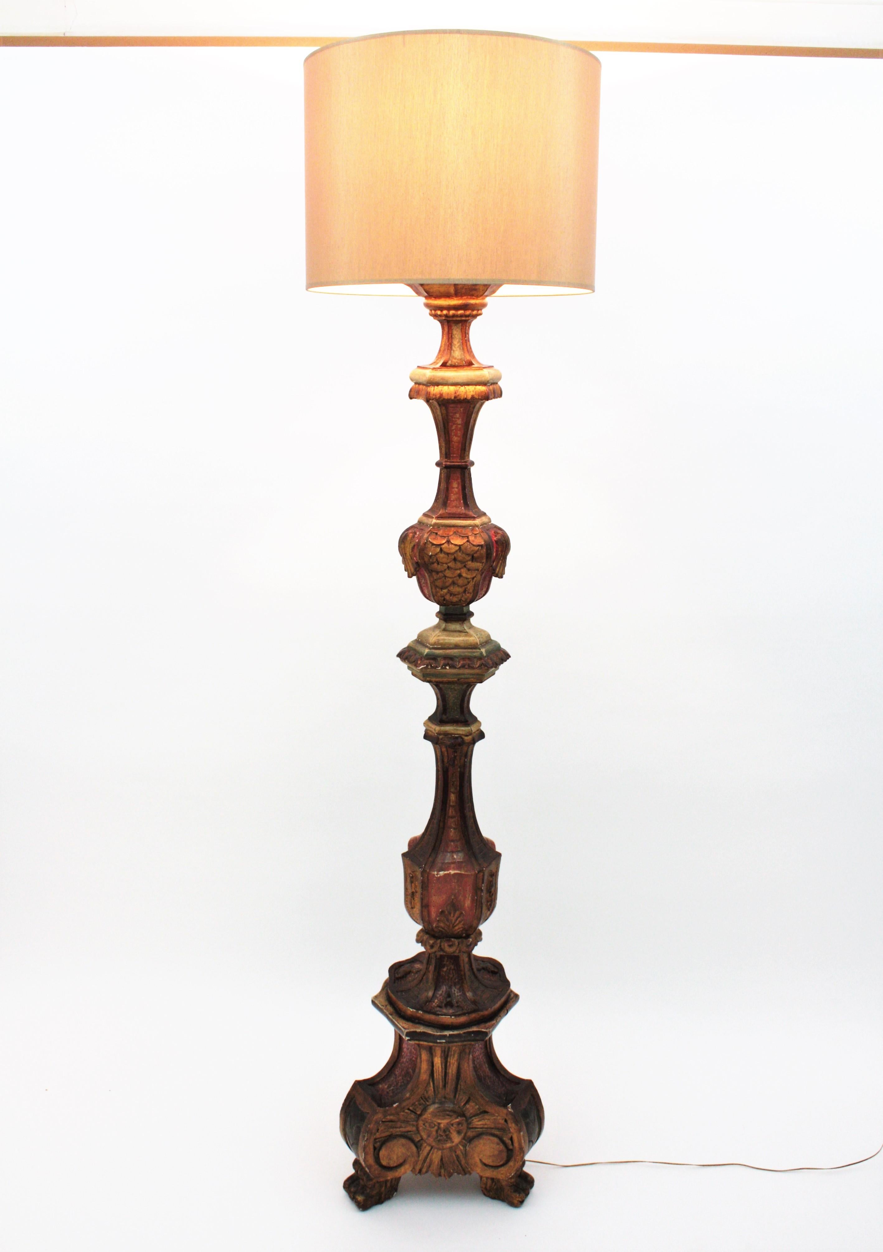 Spanish Carved Wood Torchère Floor Lamp in Baroque Style 5