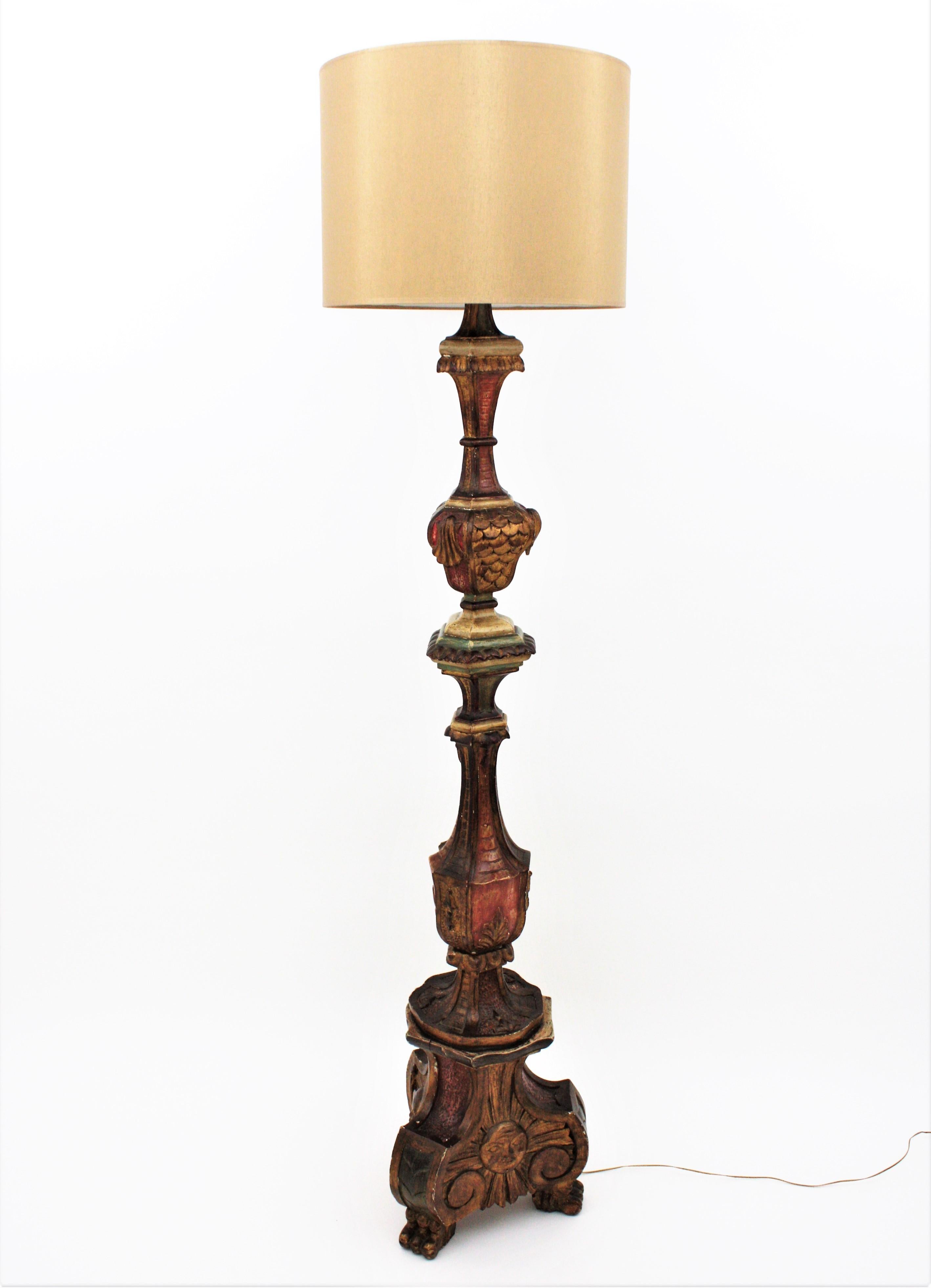 Spanish Carved Wood Torchère Floor Lamp in Baroque Style 11