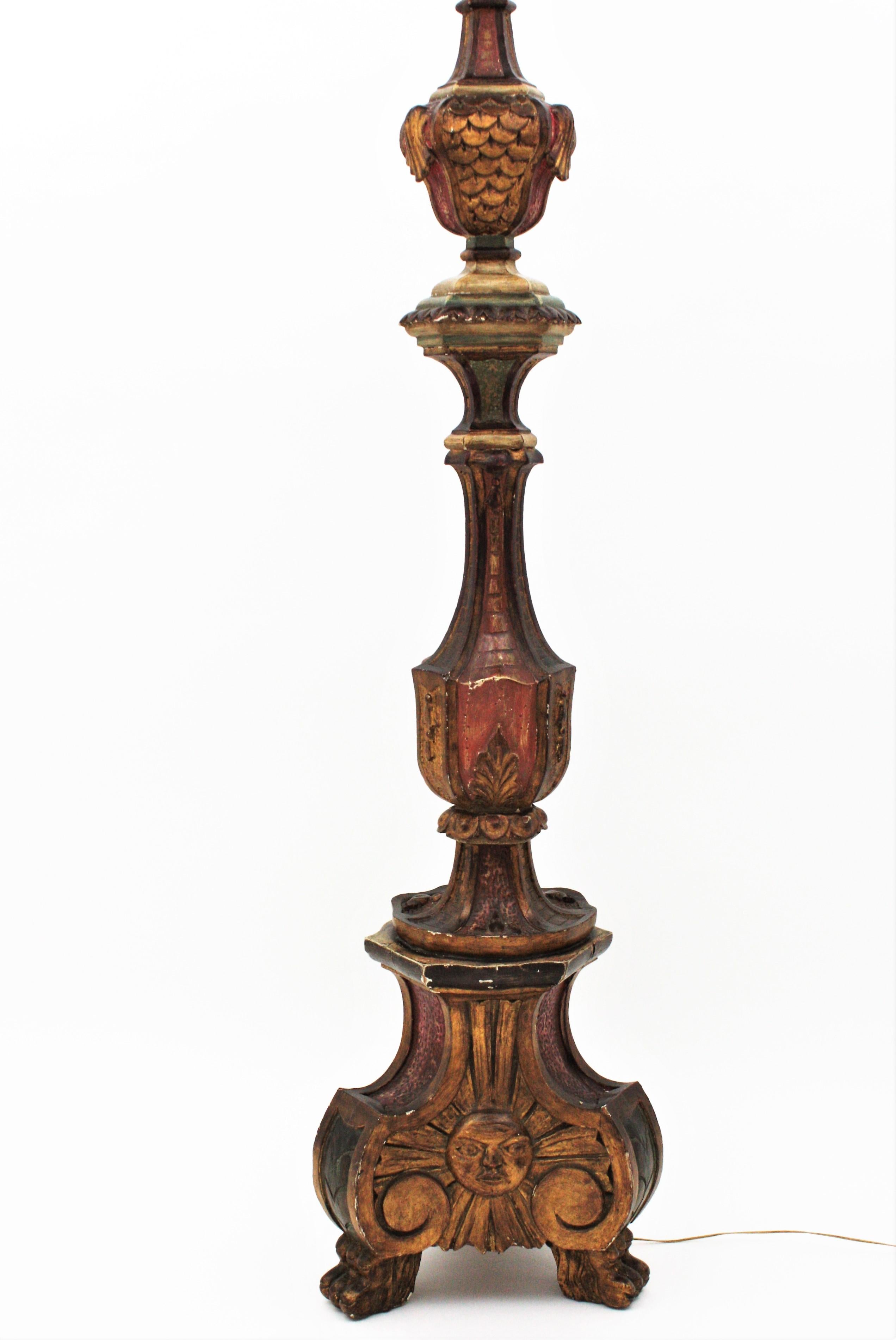 Polychromed Spanish Carved Wood Torchère Floor Lamp in Baroque Style