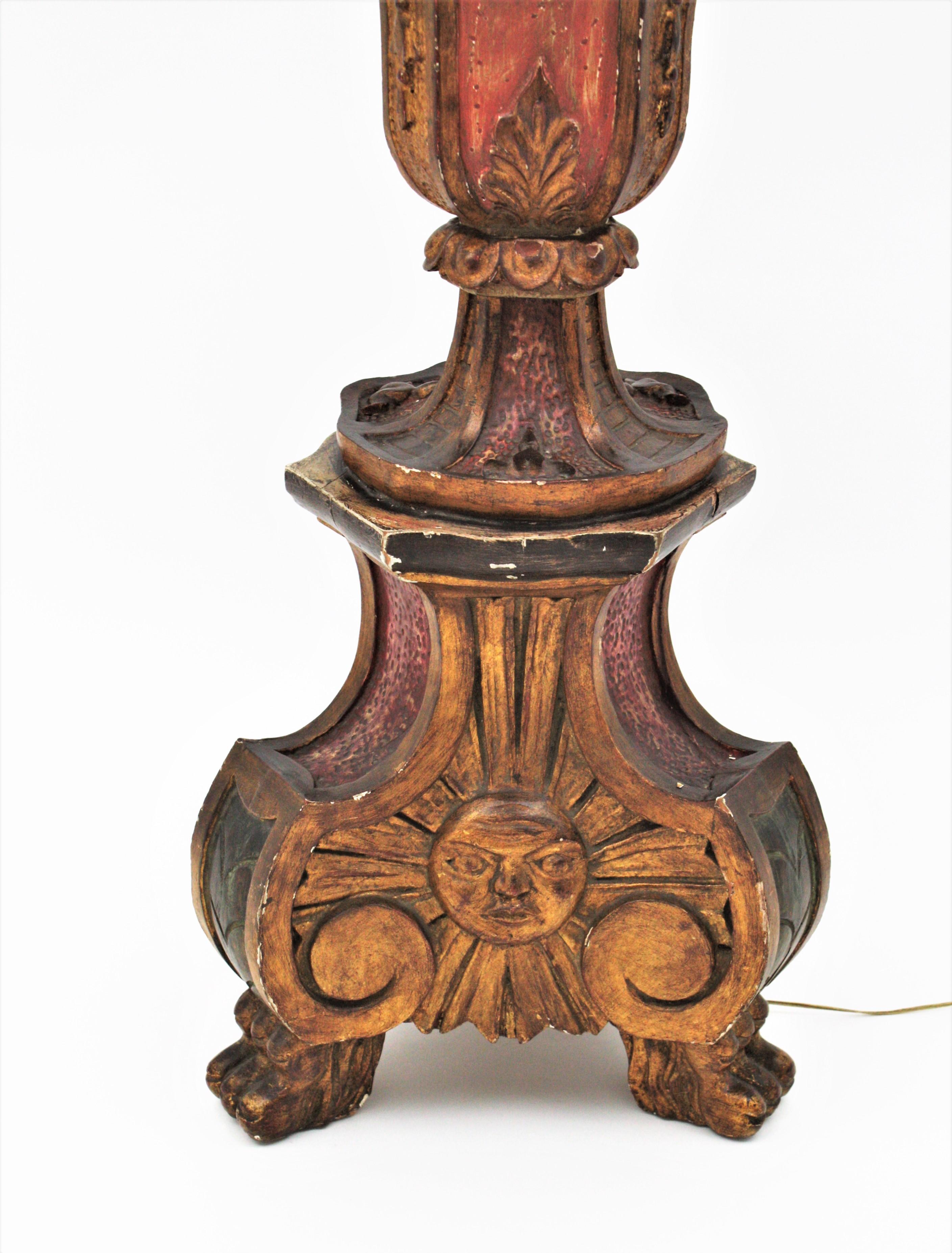 19th Century Spanish Carved Wood Torchère Floor Lamp in Baroque Style