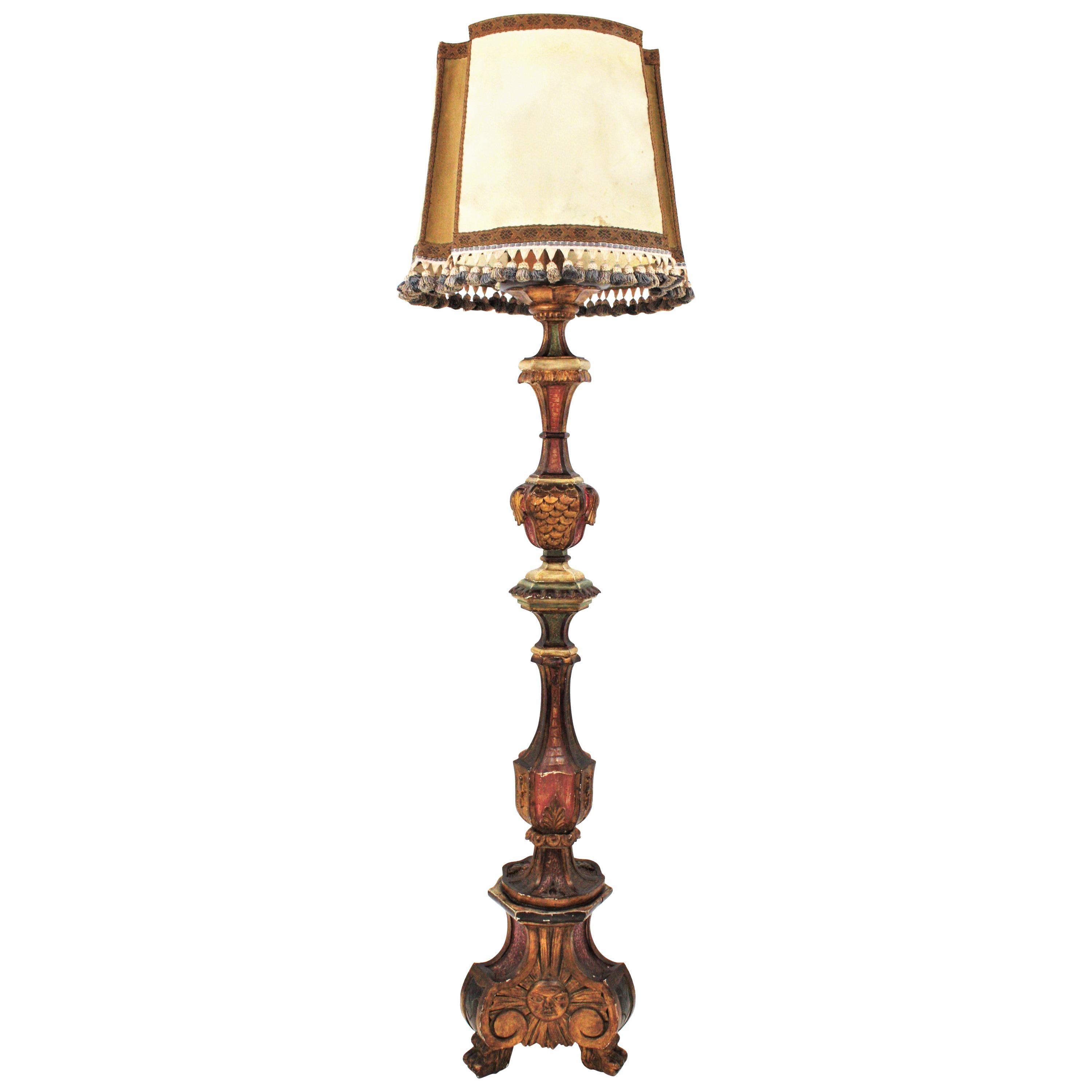 Spanish Carved Wood Torchère Floor Lamp in Baroque Style