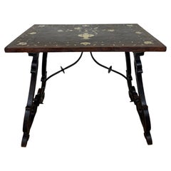 Spanish Baroque Style Side Table with Floral Marquetry Top and Ebonized Base