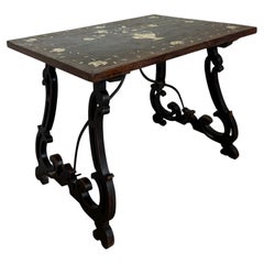 Spanish Baroque Style Side Table with Floral Marquetry Top and Ebonized Base