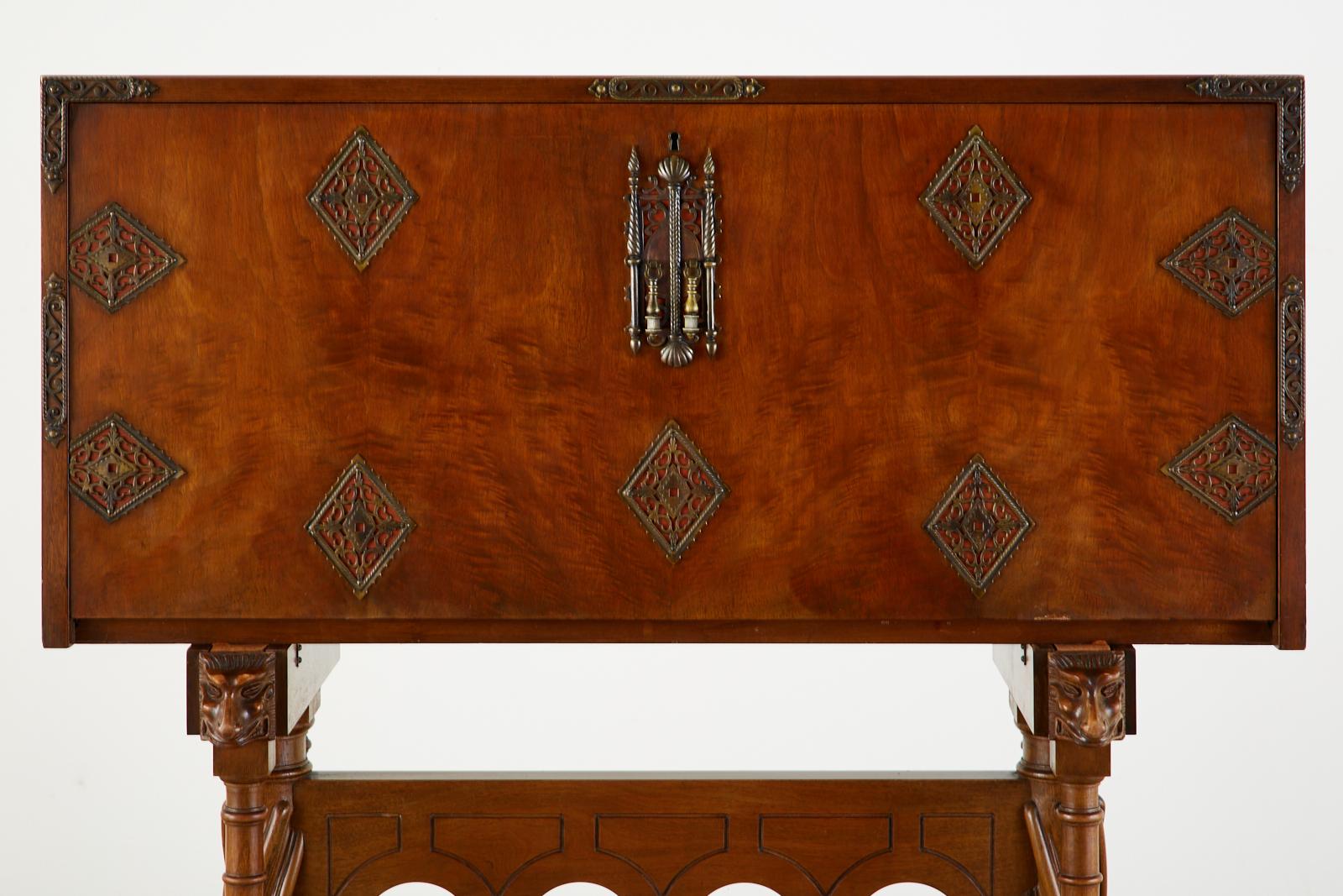 Hand-Crafted Spanish Baroque Style Vargueño Cabinet Desk on Stand