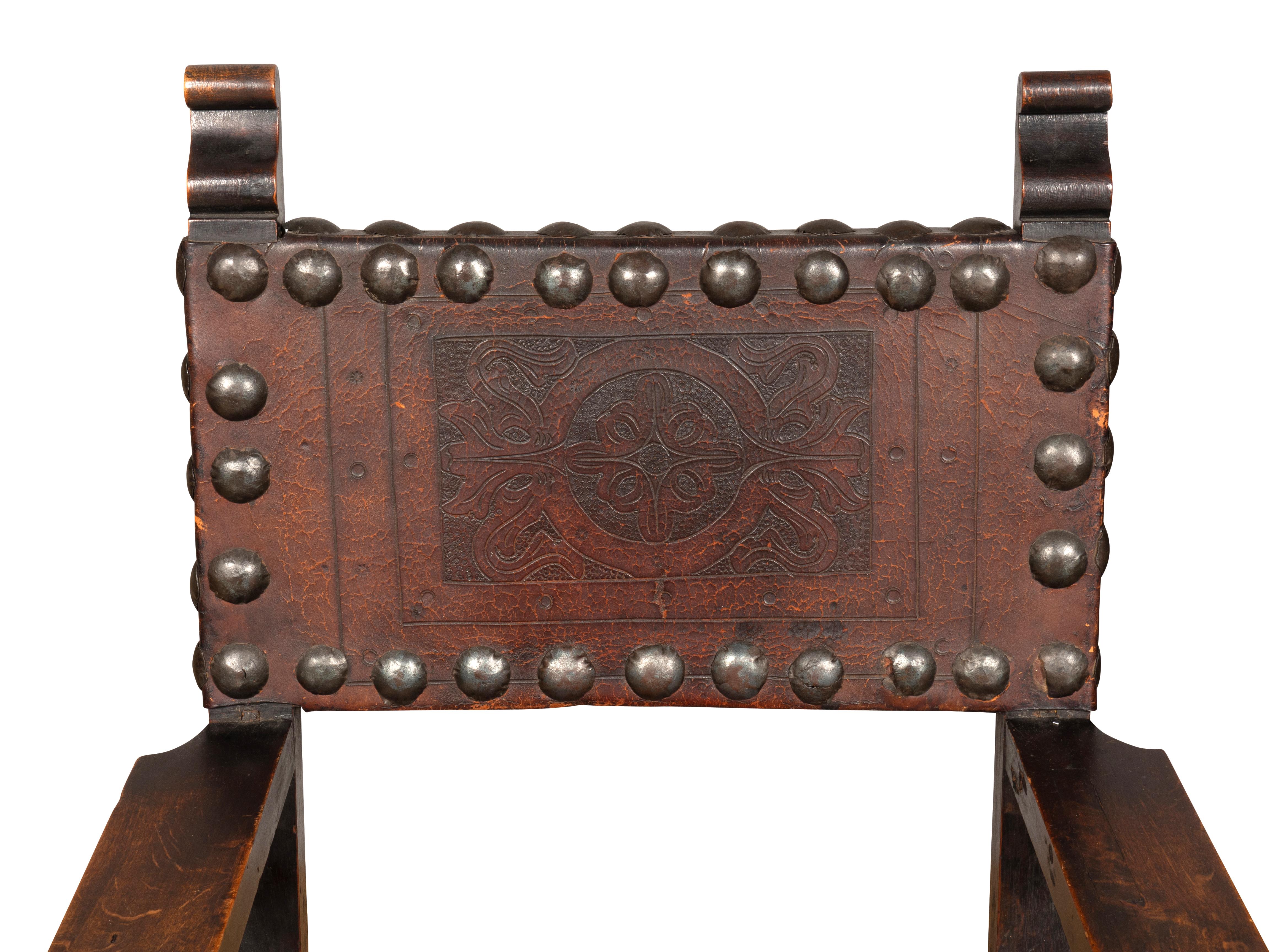 Spanish Baroque Style Walnut And Leather Armchair For Sale 5