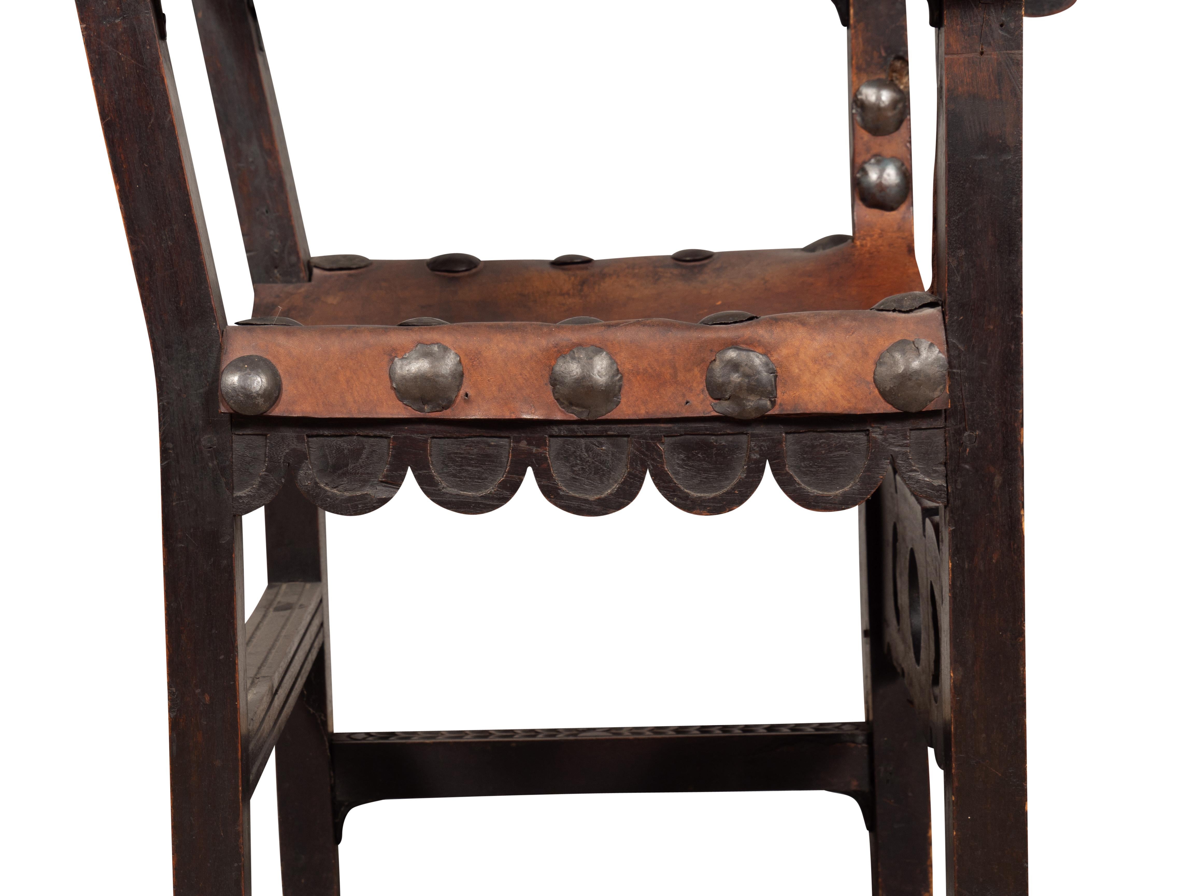 Spanish Baroque Style Walnut And Leather Armchair For Sale 8