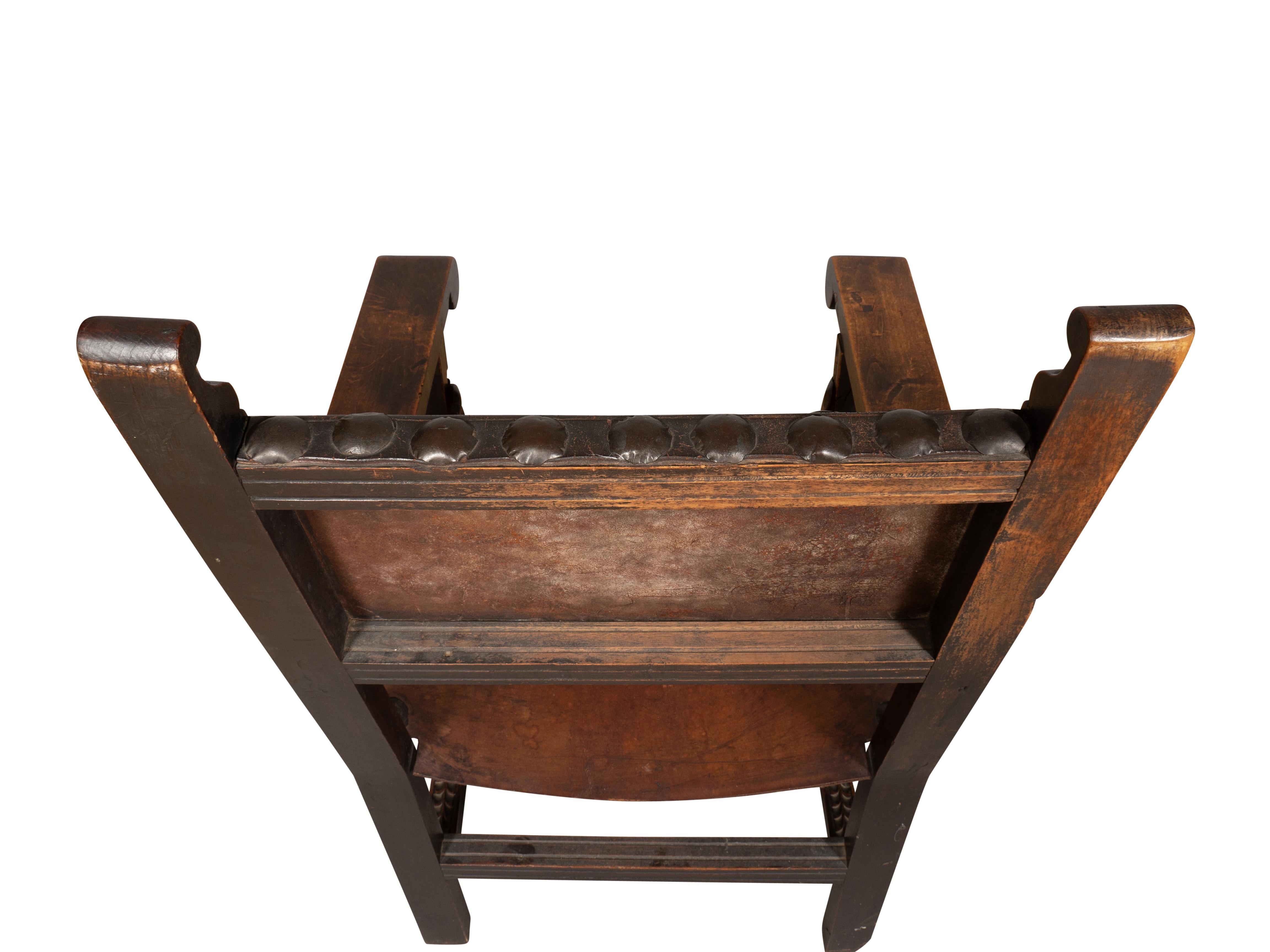 Spanish Baroque Style Walnut And Leather Armchair For Sale 9