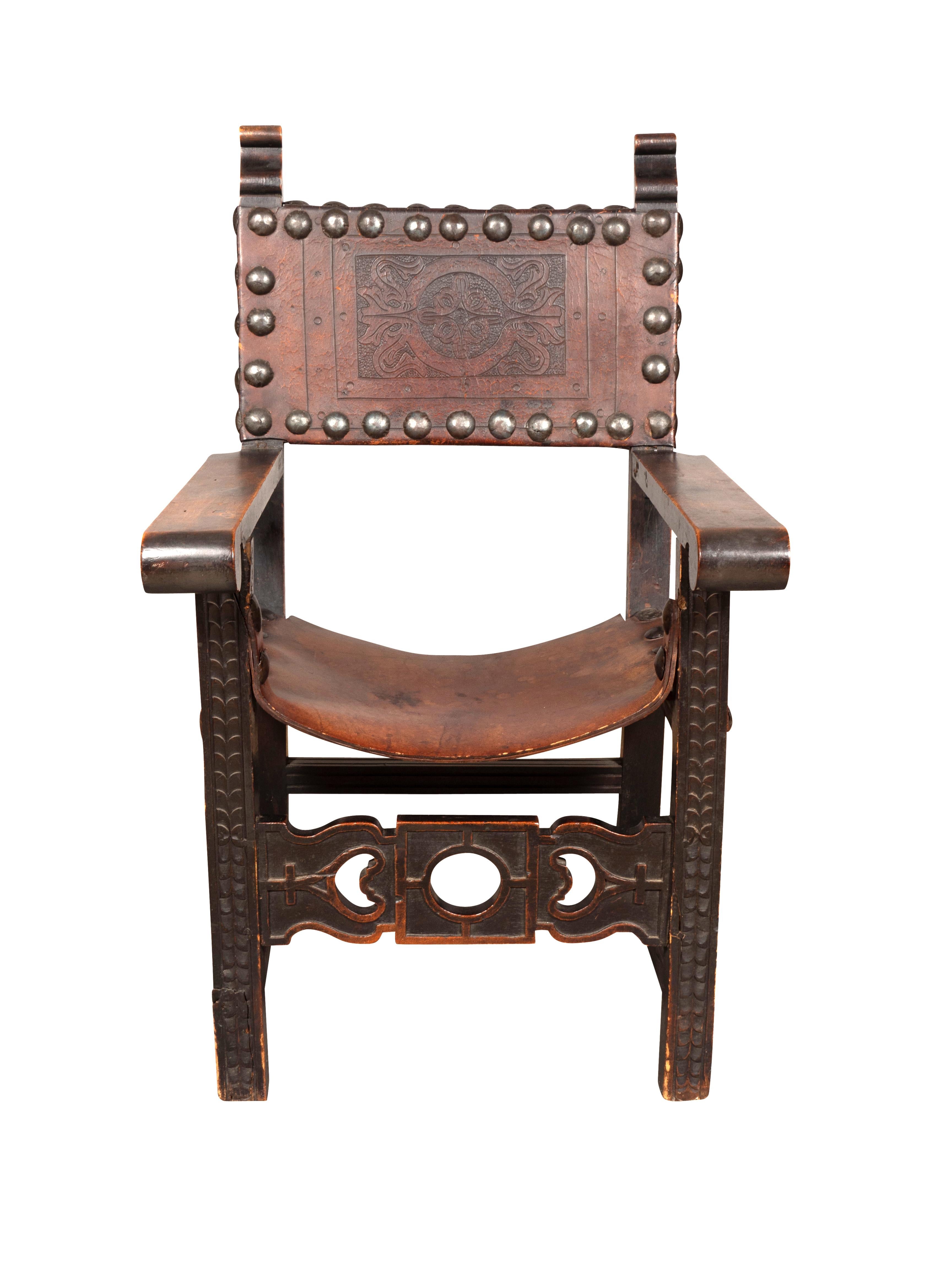 Wonderful scale with pristine stamped leather and well carved frame. Brass tacks with bronze patina.