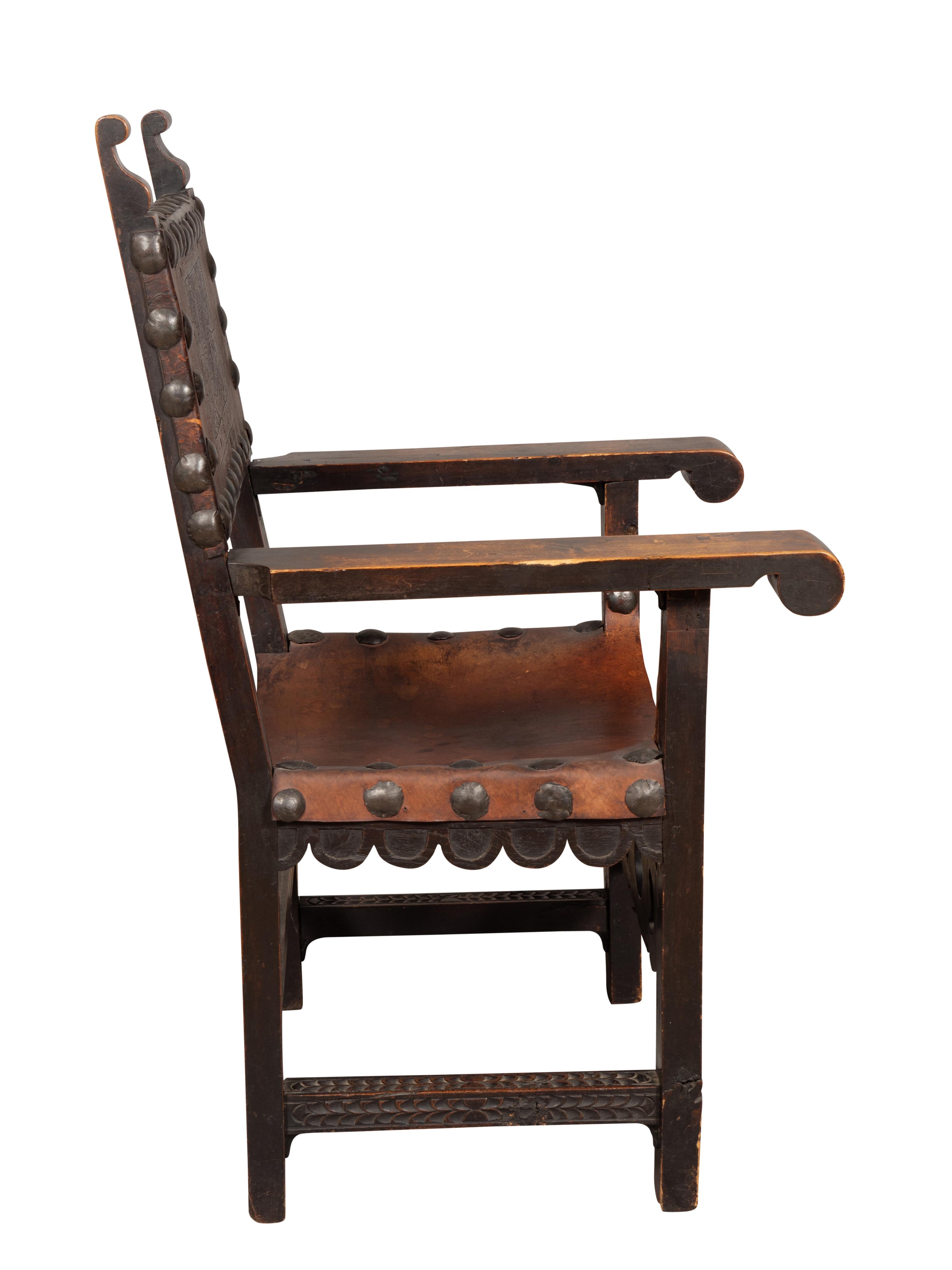Baroque Revival Spanish Baroque Style Walnut And Leather Armchair For Sale