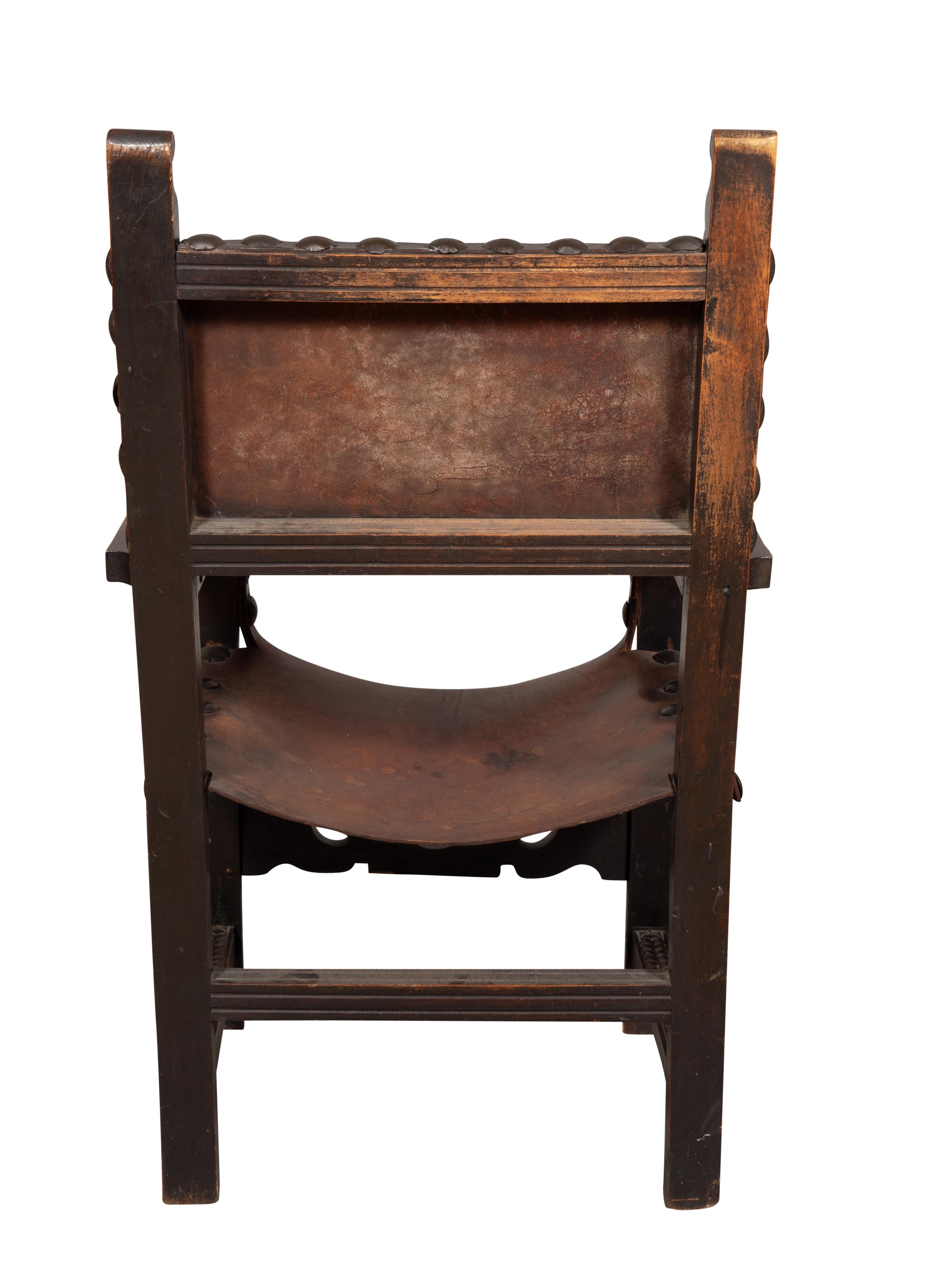 Spanish Baroque Style Walnut And Leather Armchair In Good Condition For Sale In Essex, MA