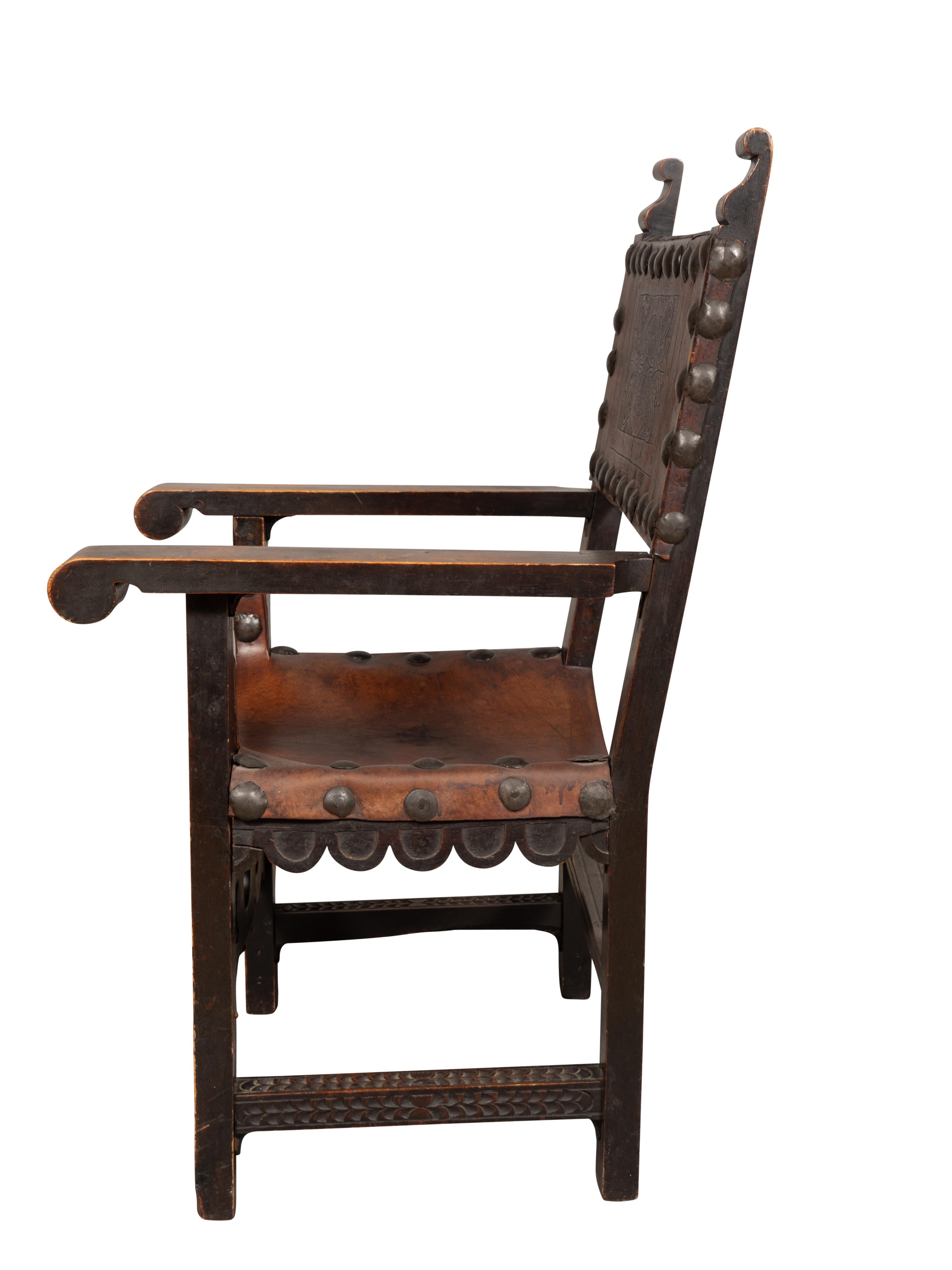Late 19th Century Spanish Baroque Style Walnut And Leather Armchair For Sale