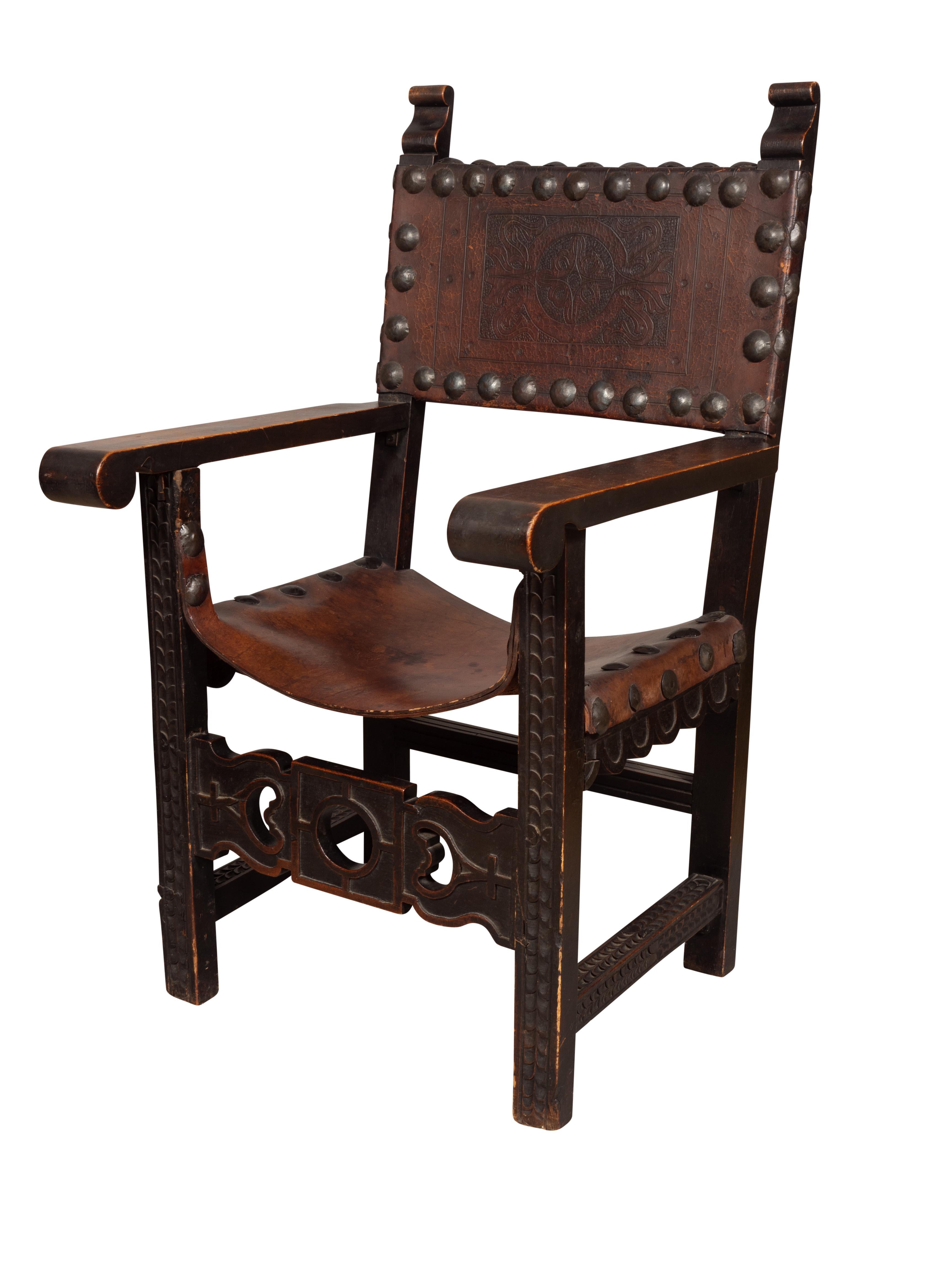 Spanish Baroque Style Walnut And Leather Armchair For Sale 1