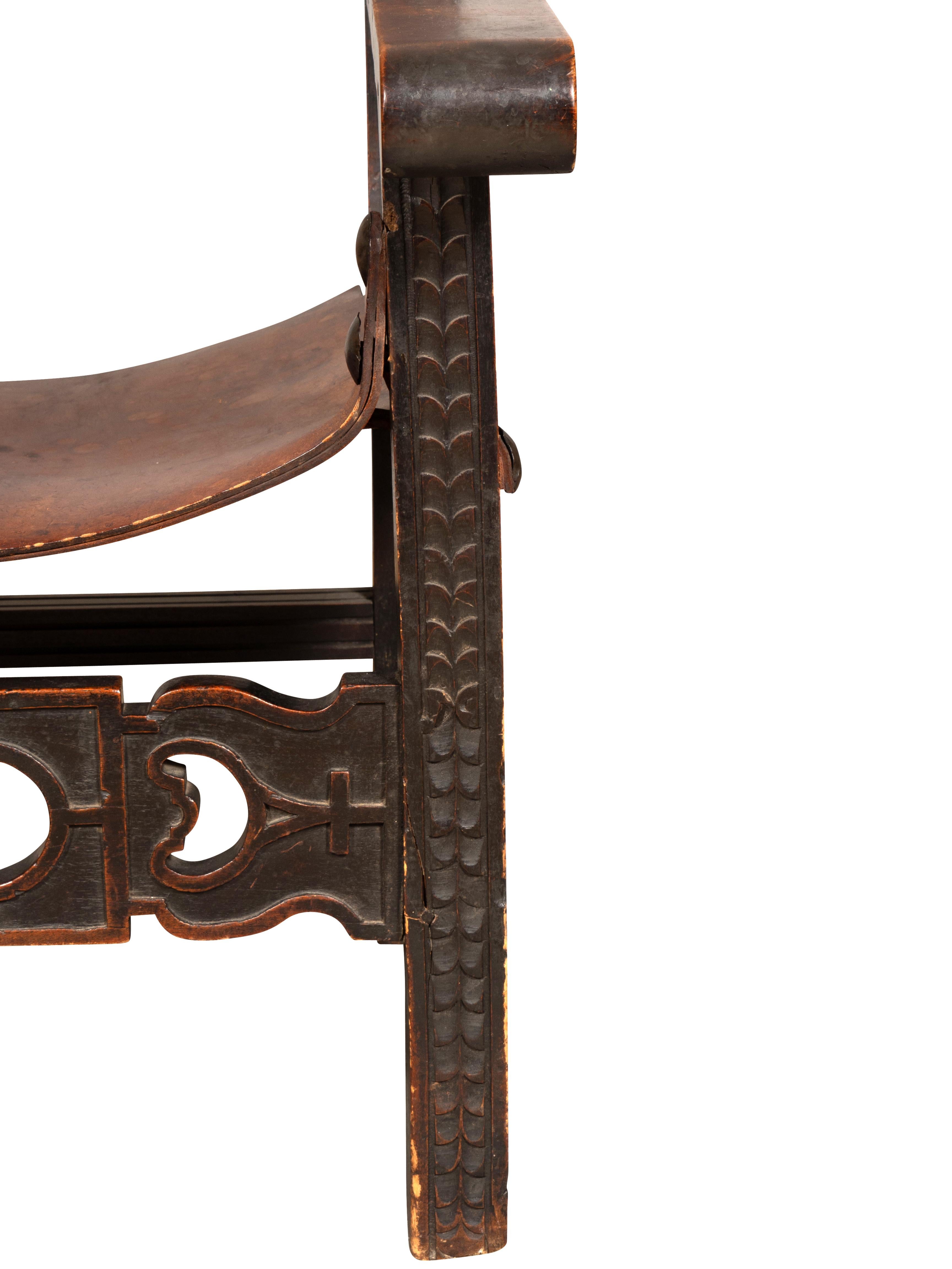 Spanish Baroque Style Walnut And Leather Armchair For Sale 4