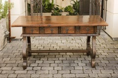 Spanish Baroque Style Walnut Table with Drawers and Lyre Shaped Legs, circa 1800
