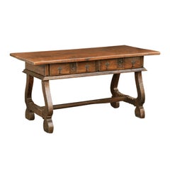 Spanish Baroque Style Walnut Table with Drawers and Lyre Shaped Legs, circa 1800