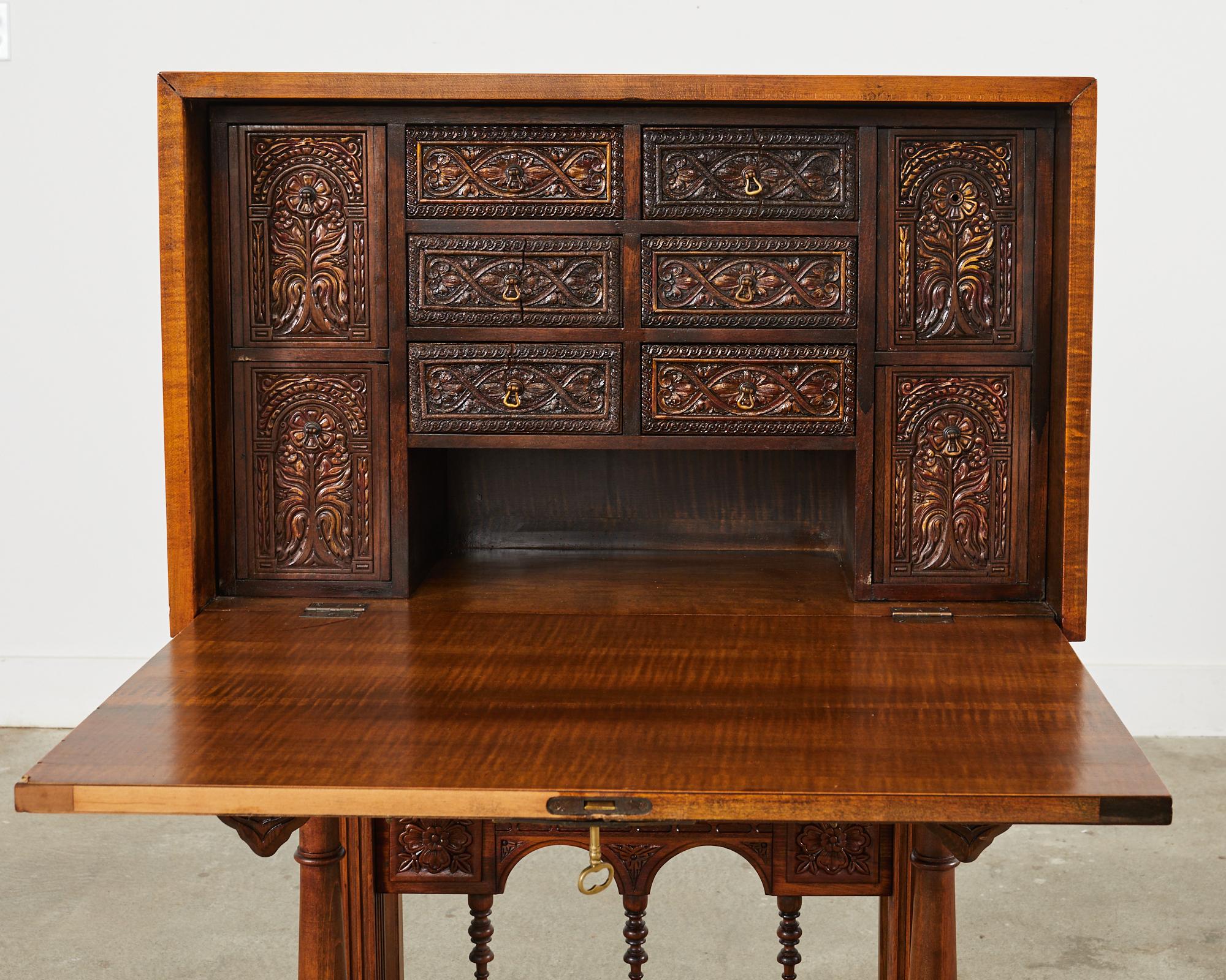 Spanish Baroque Style Walnut Vargueño Cabinet on Stand For Sale 4