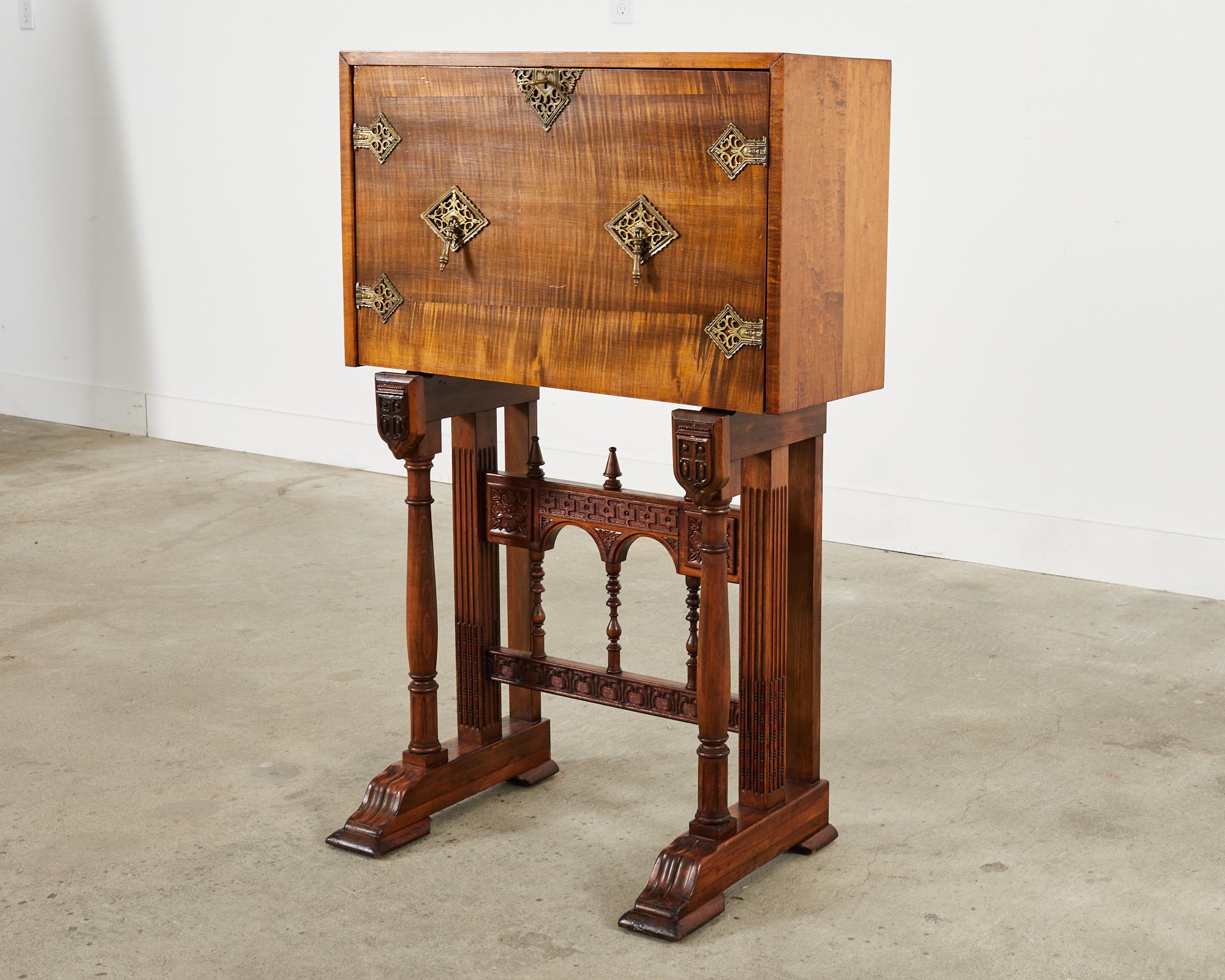 Hand-Crafted Spanish Baroque Style Walnut Vargueño Cabinet on Stand For Sale