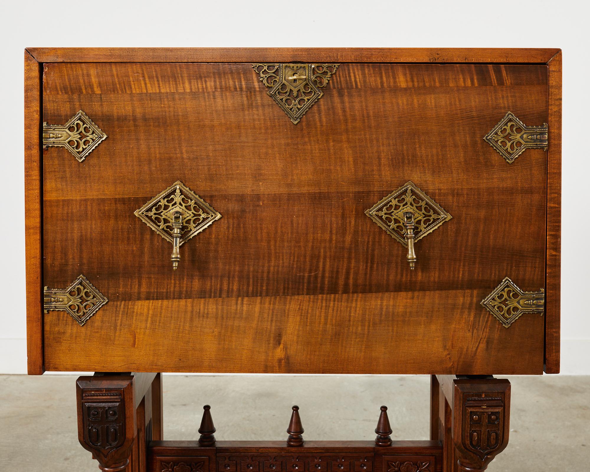 Spanish Baroque Style Walnut Vargueño Cabinet on Stand In Good Condition For Sale In Rio Vista, CA