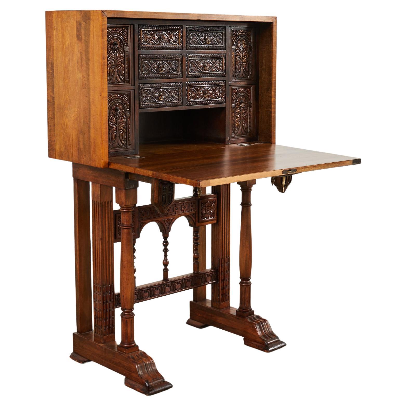 Spanish Baroque Style Walnut Vargueño Cabinet on Stand