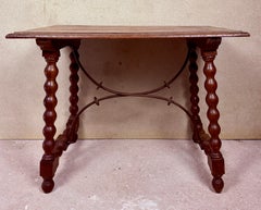 Spanish Baroque Style Wooden Table, Bobbin-Turned Legs, Iron Stretcher