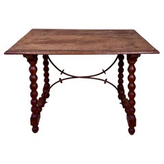 Spanish Baroque Style Wooden Table, Bobbin-Turned Legs, Iron Stretcher