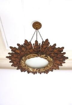 Spanish Baroque Sunburst Chandelier / Ceiling Light, Silver & Gold Leaf Giltwood