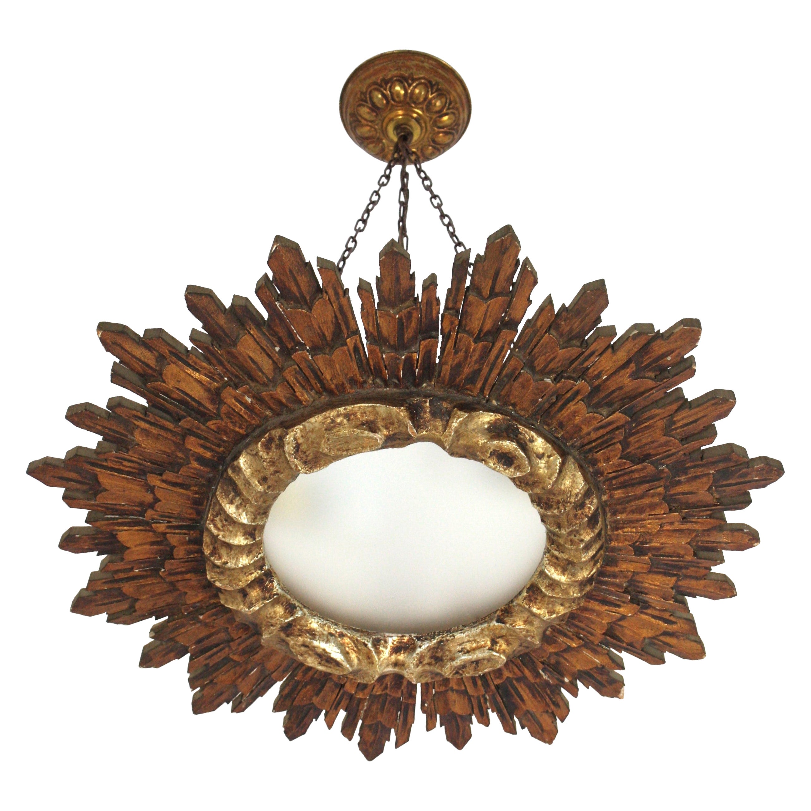 Lámpara de techo barroca española, madera dorada y plateada de giltwood en venta