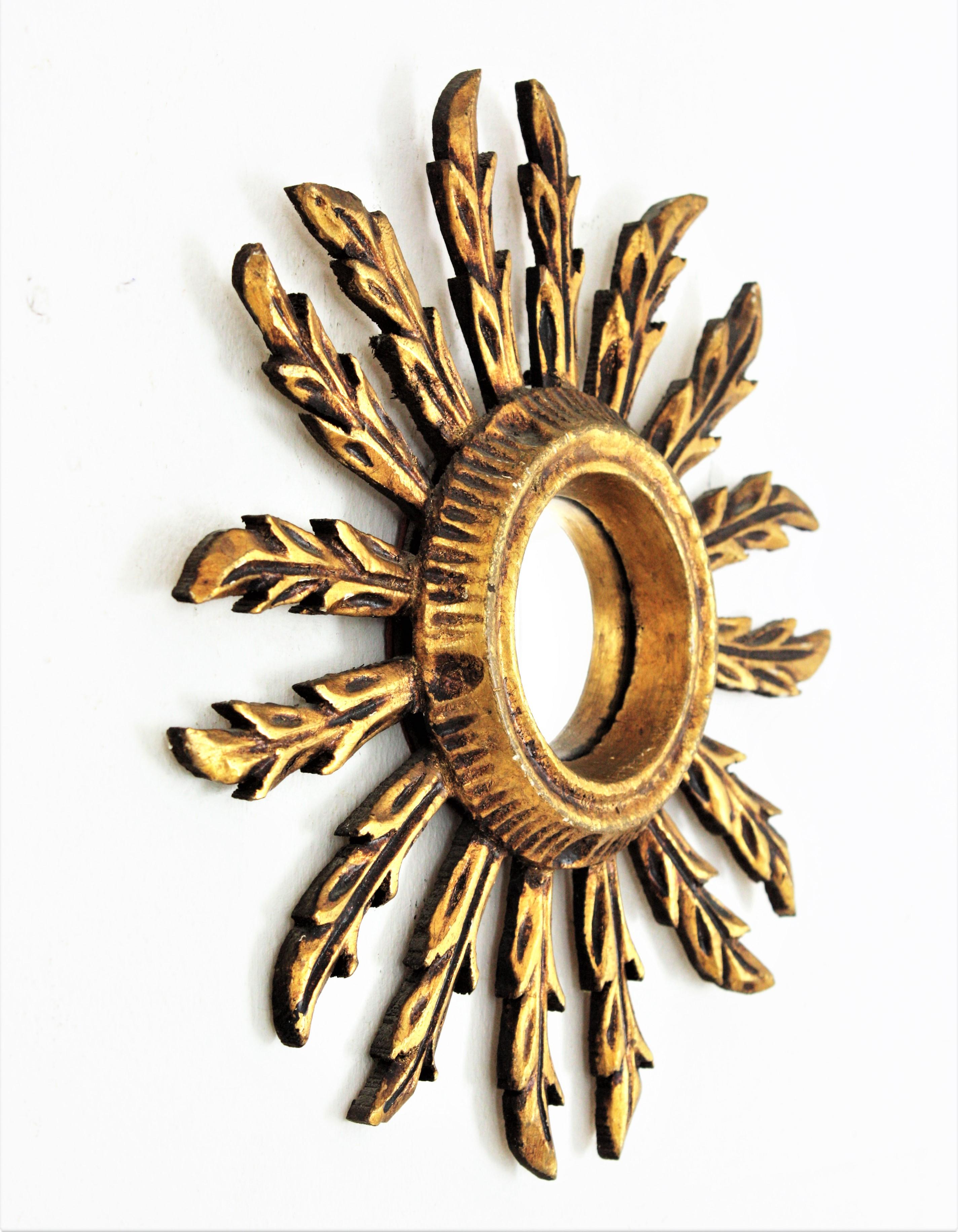 Hand-Crafted Spanish Baroque Sunburst Convex Mini Sized Mirror