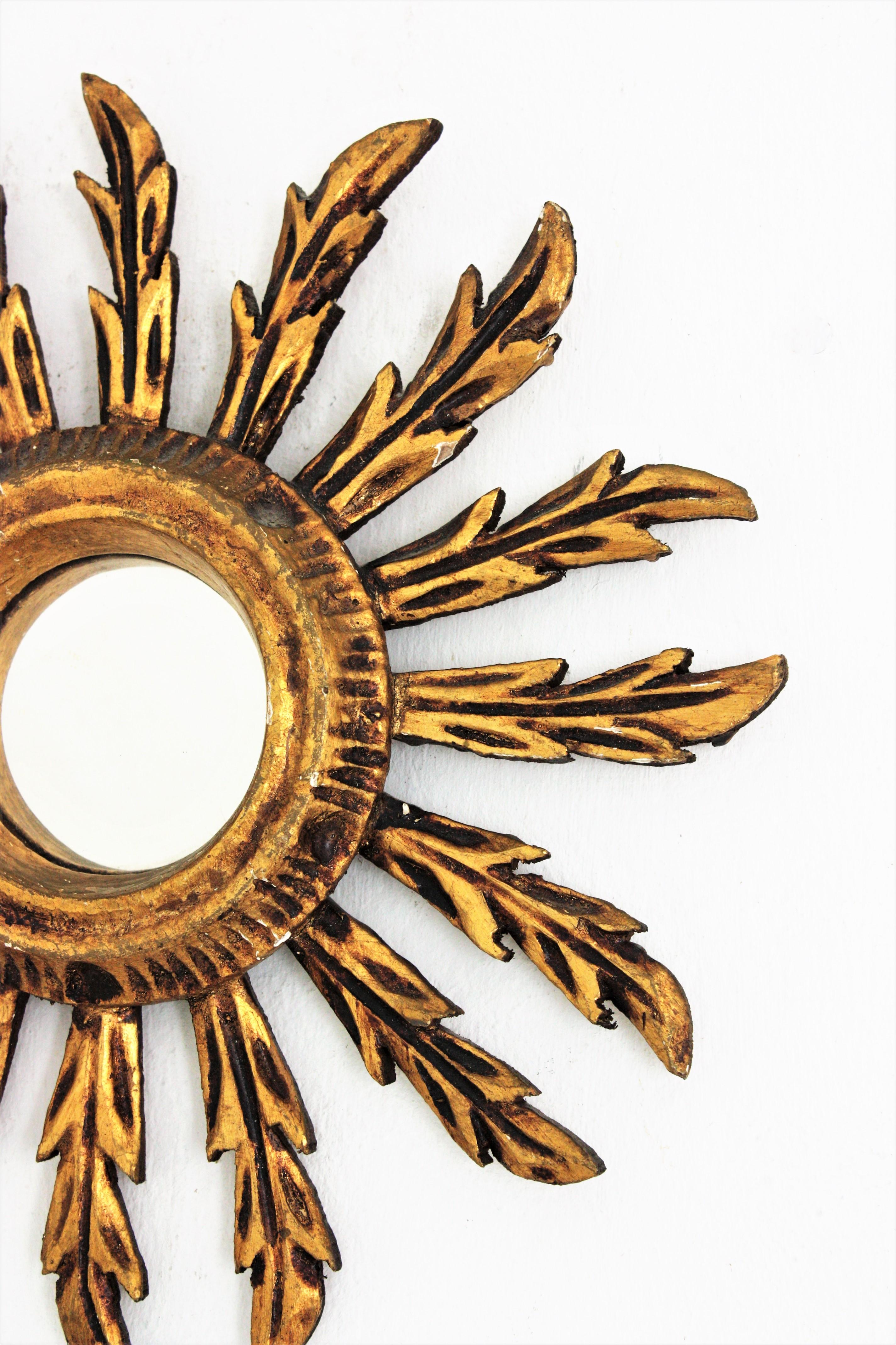 20th Century Spanish Baroque Sunburst Convex Mini Sized Mirror