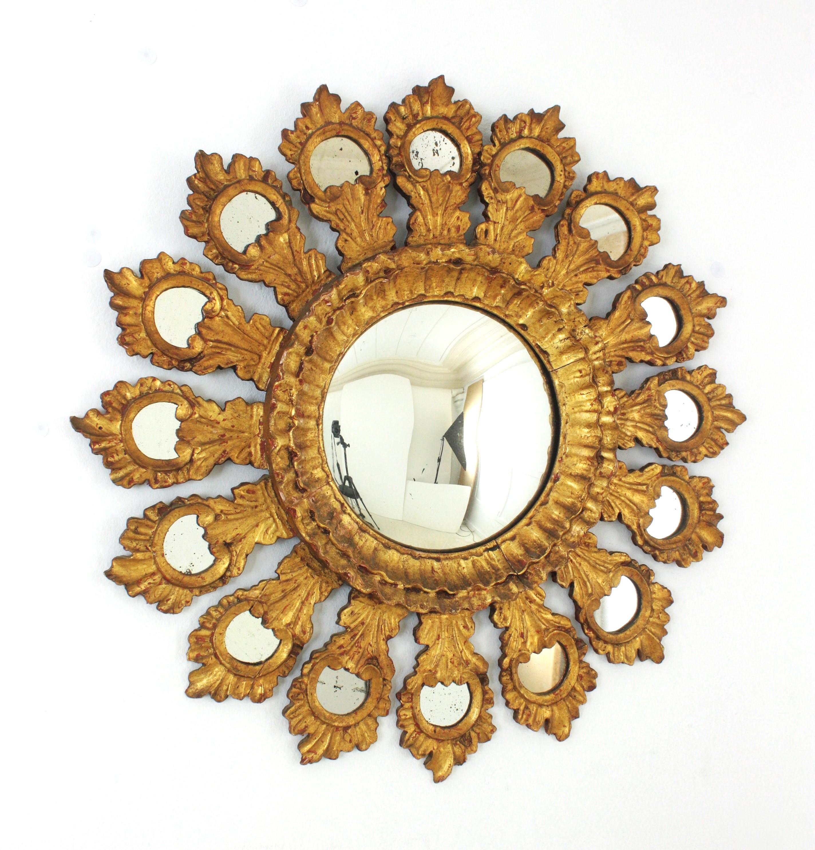 Spanish Baroque Sunburst Gilt Carved Wood Bullseye Mirror with Mirror Insets For Sale 7