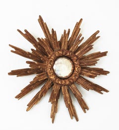 Spanish Baroque Sunburst Giltwood Convex Mirror in Small Scale