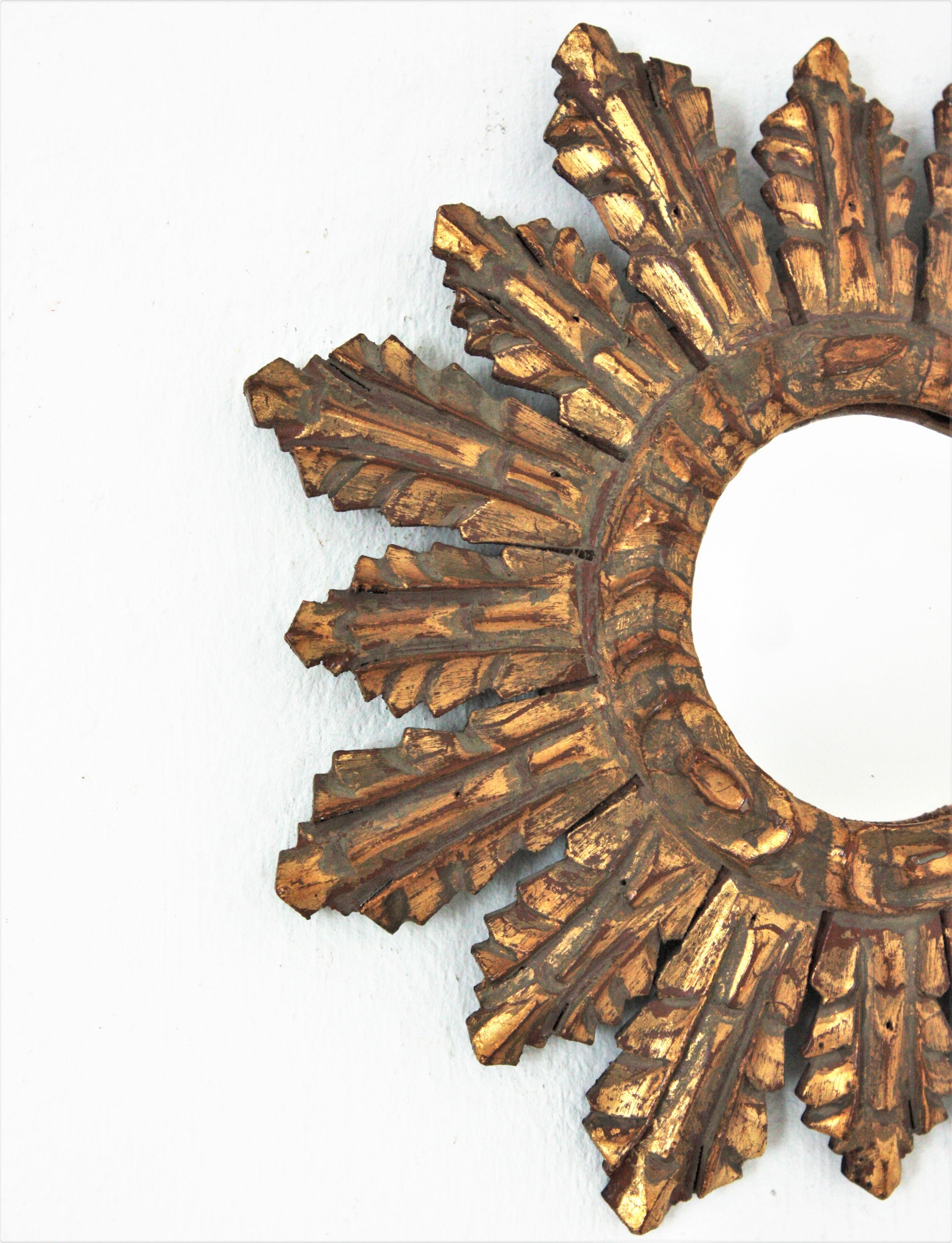 20th Century Spanish Baroque Sunburst Giltwood Convex Mirror in Small Scale
