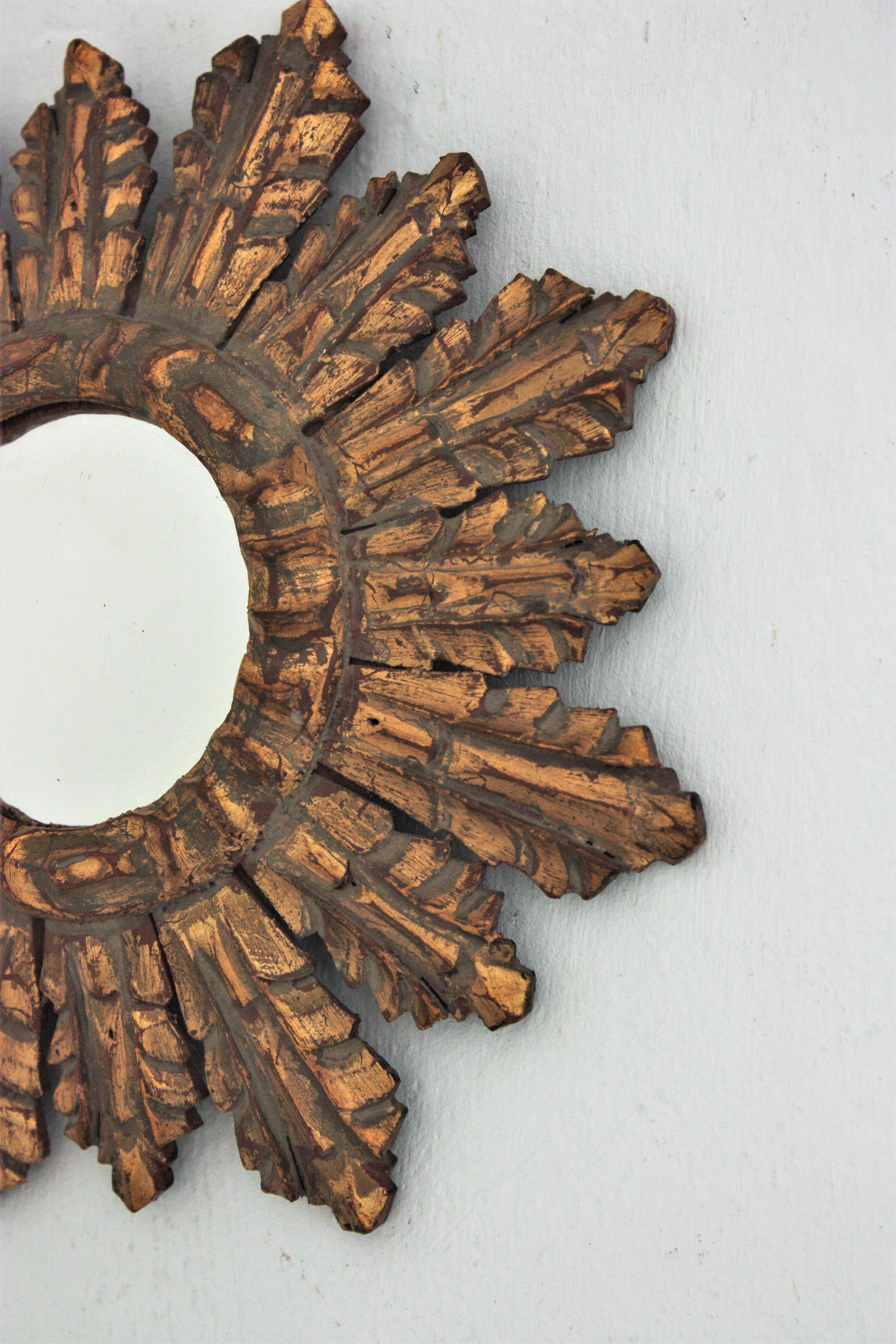 Gold Leaf Spanish Baroque Sunburst Giltwood Convex Mirror in Small Scale