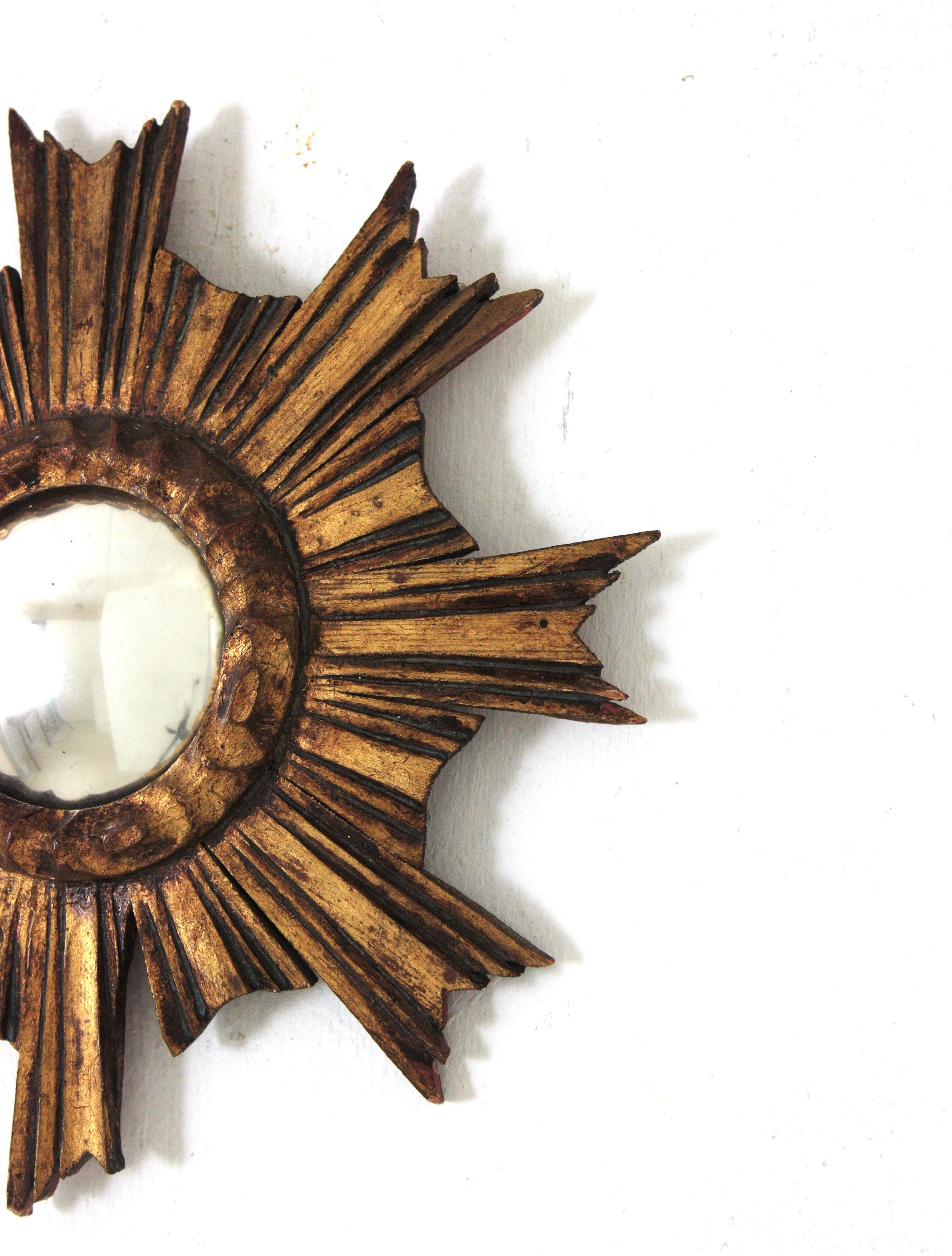 Spanish Baroque Sunburst Giltwood Convex Mirror in Small Scale 1