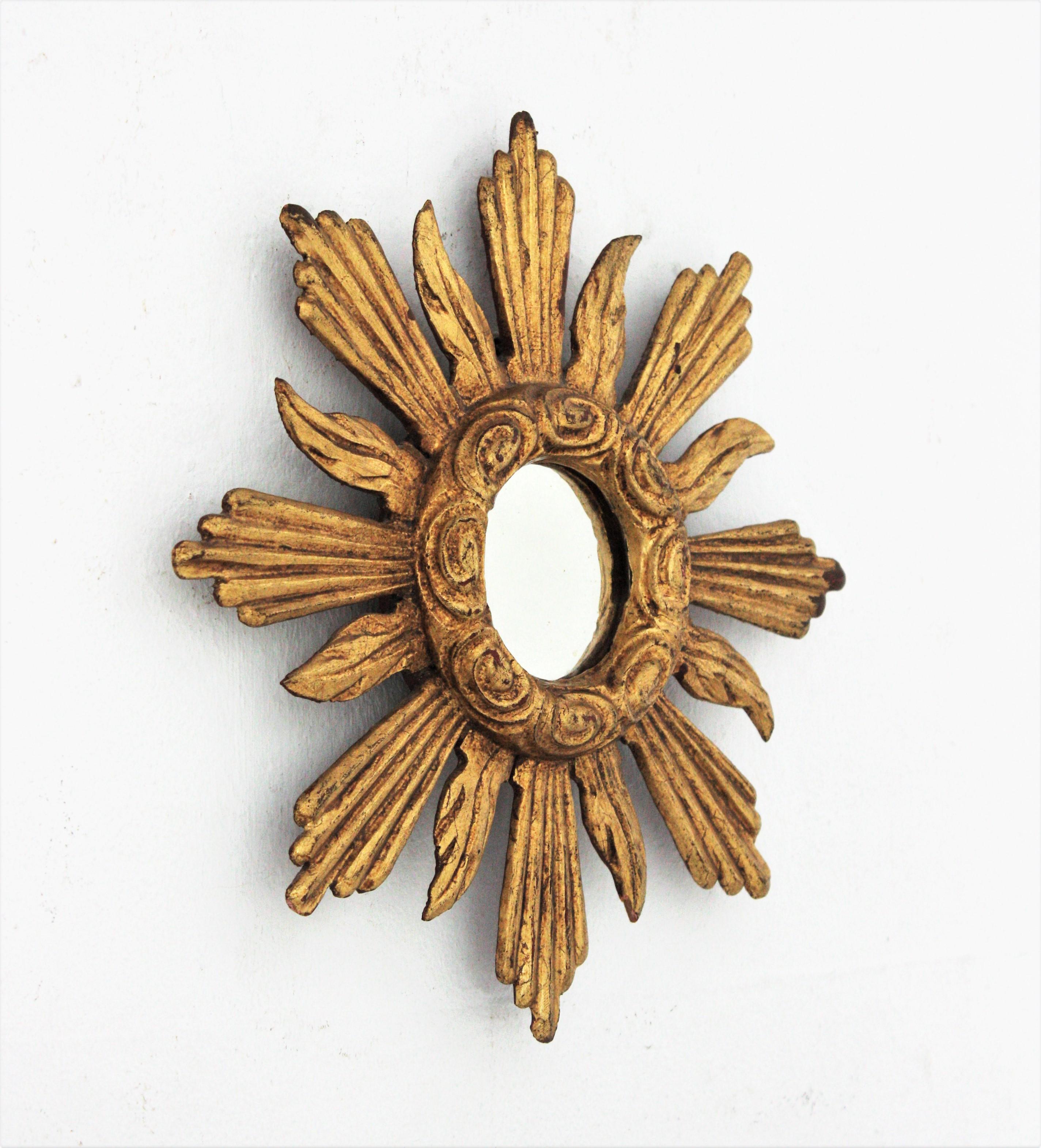 Carved Spanish Baroque Sunburst Giltwood Mirror in Small Scale